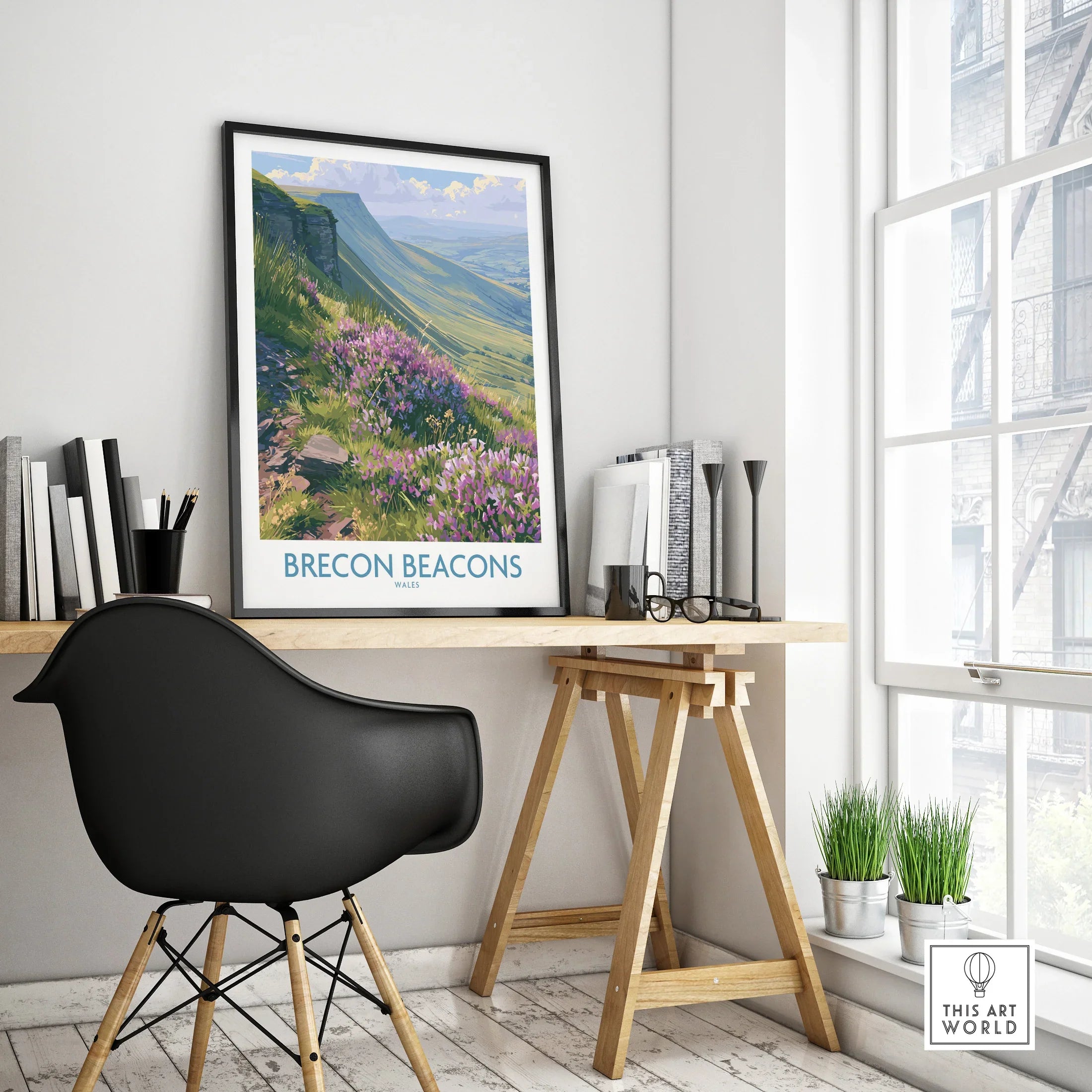 Brecon Beacons Wales Heather Wall Art — framed poster black frame on office desk modern
