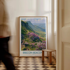 Brecon Beacons Wales Heather Wall Art — framed canvas on floor man walking past