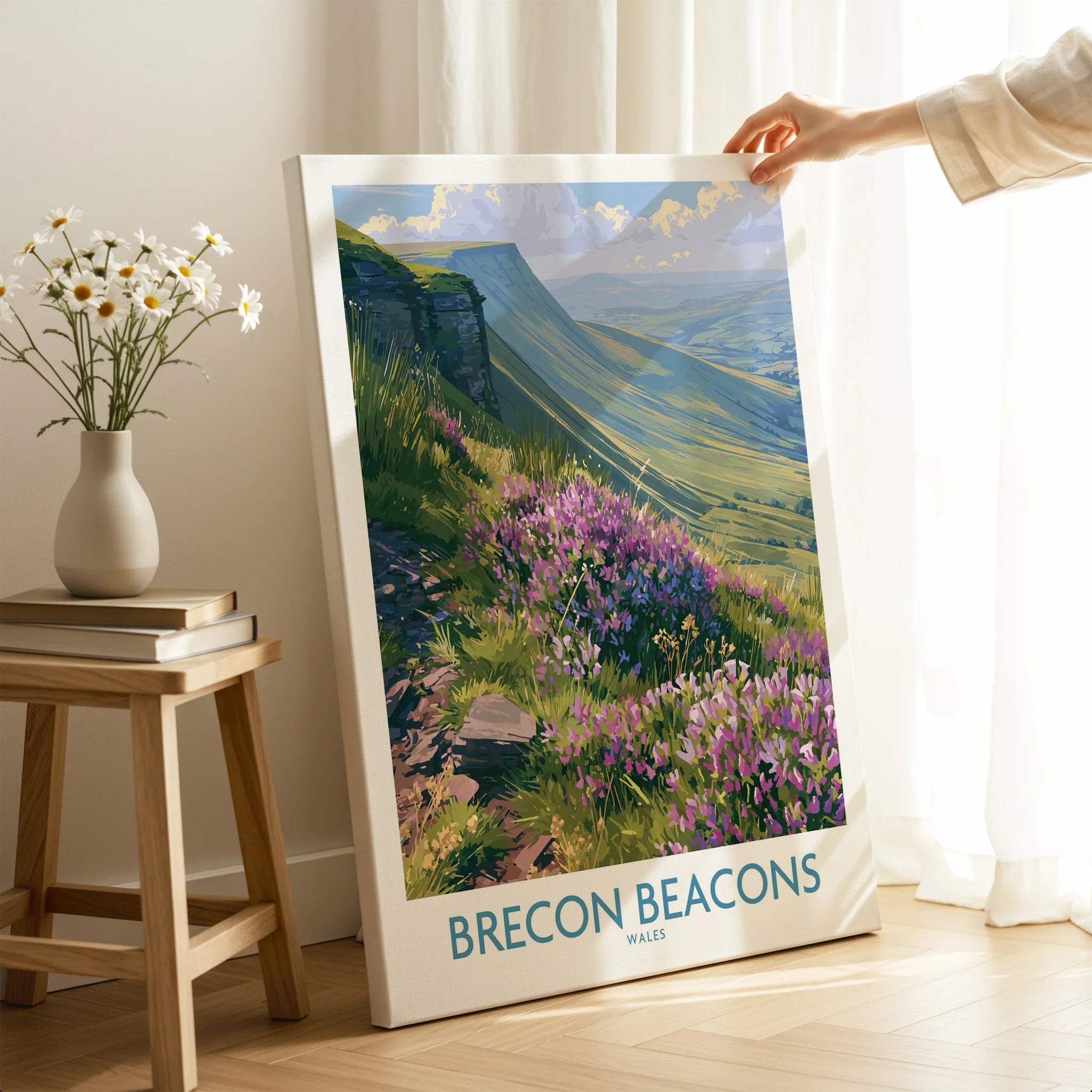 Brecon Beacons Wales Heather Wall Art — canvas print mirror edge hand holding room setting