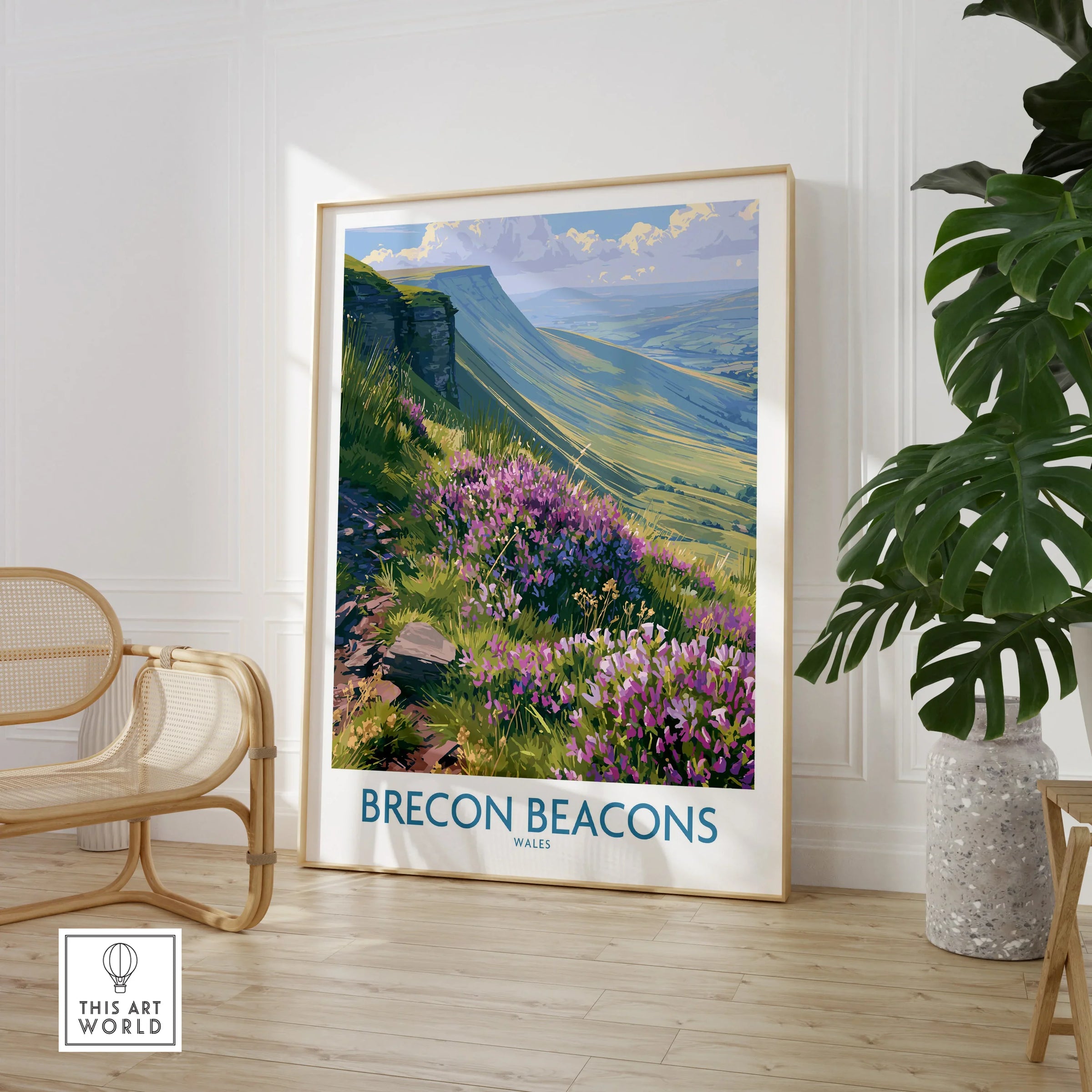 Brecon Beacons Wales Heather Wall Art — large framed print room setting chair plant