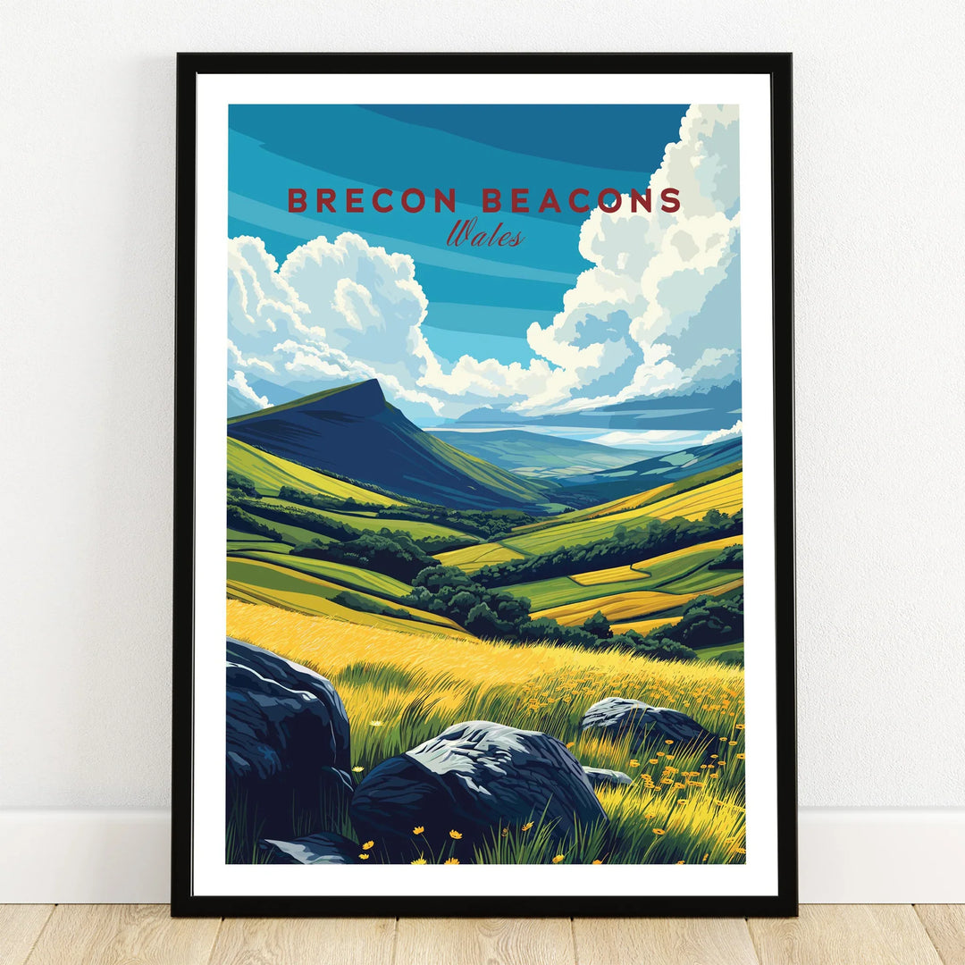 Brecon Beacons Wales Valley Travel Poster — art print in black frame on wooden floor