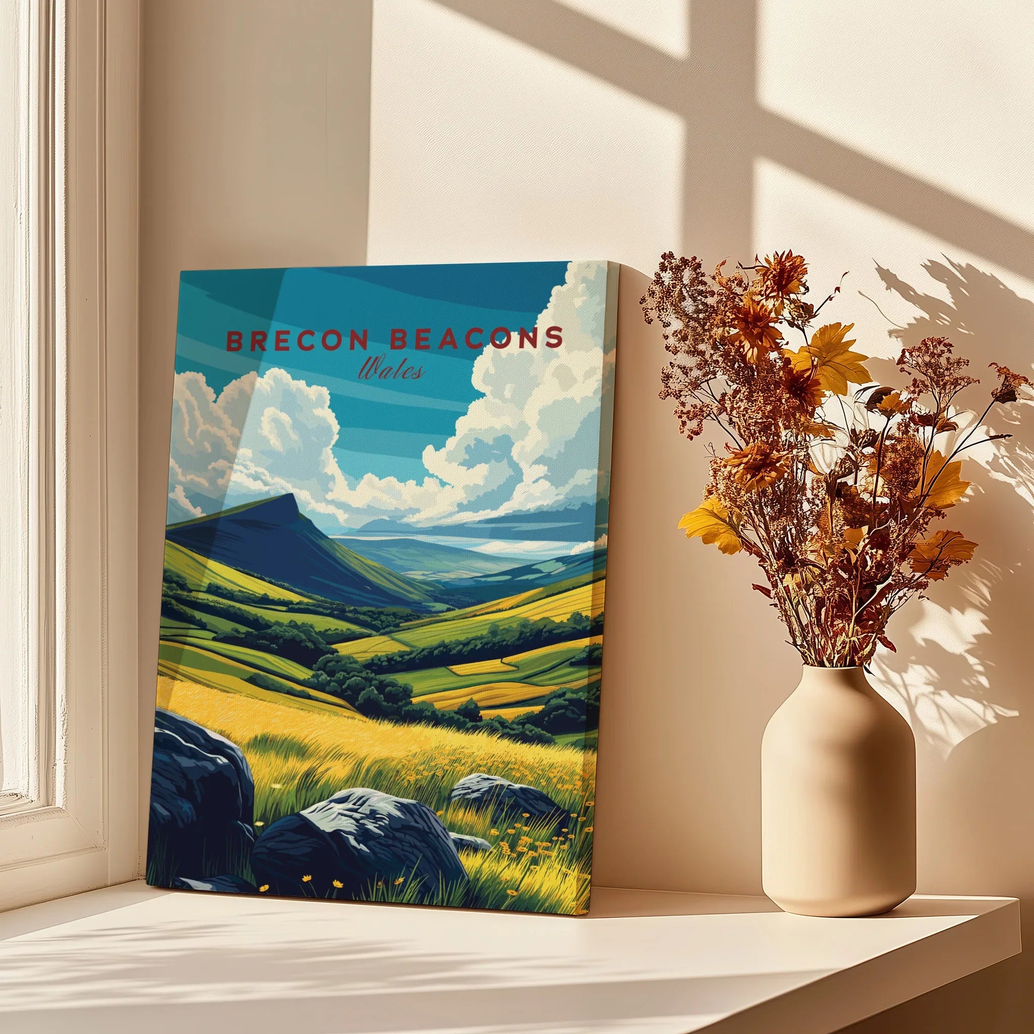 Brecon Beacons Wales Valley Travel Poster — canvas print window setting with shadows flowers