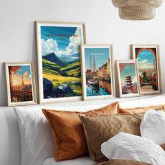 Brecon Beacons Wales Valley Travel Poster — set five framed artprints above bed natural wood frames