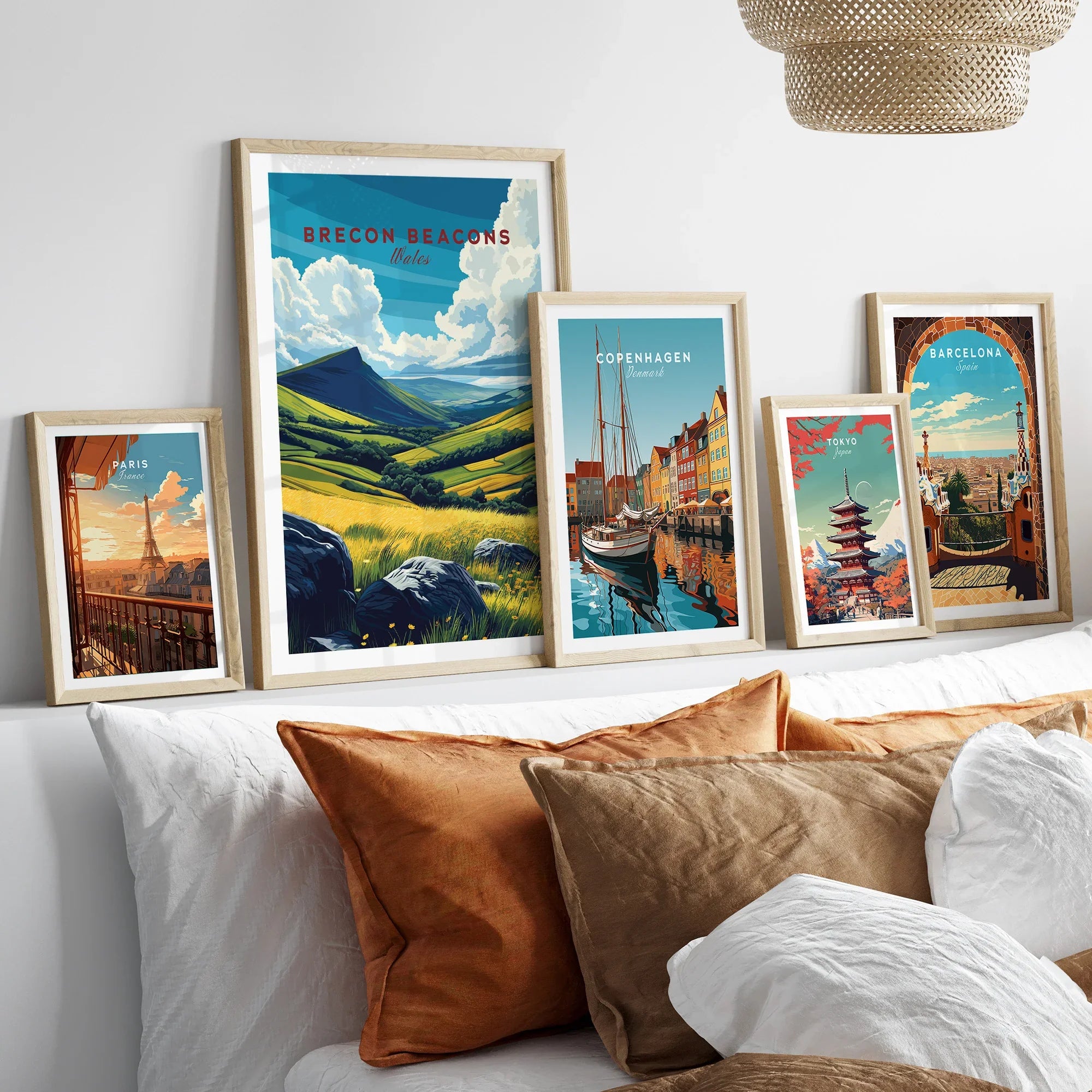 Brecon Beacons Wales Valley Travel Poster — set five framed artprints above bed natural wood frames
