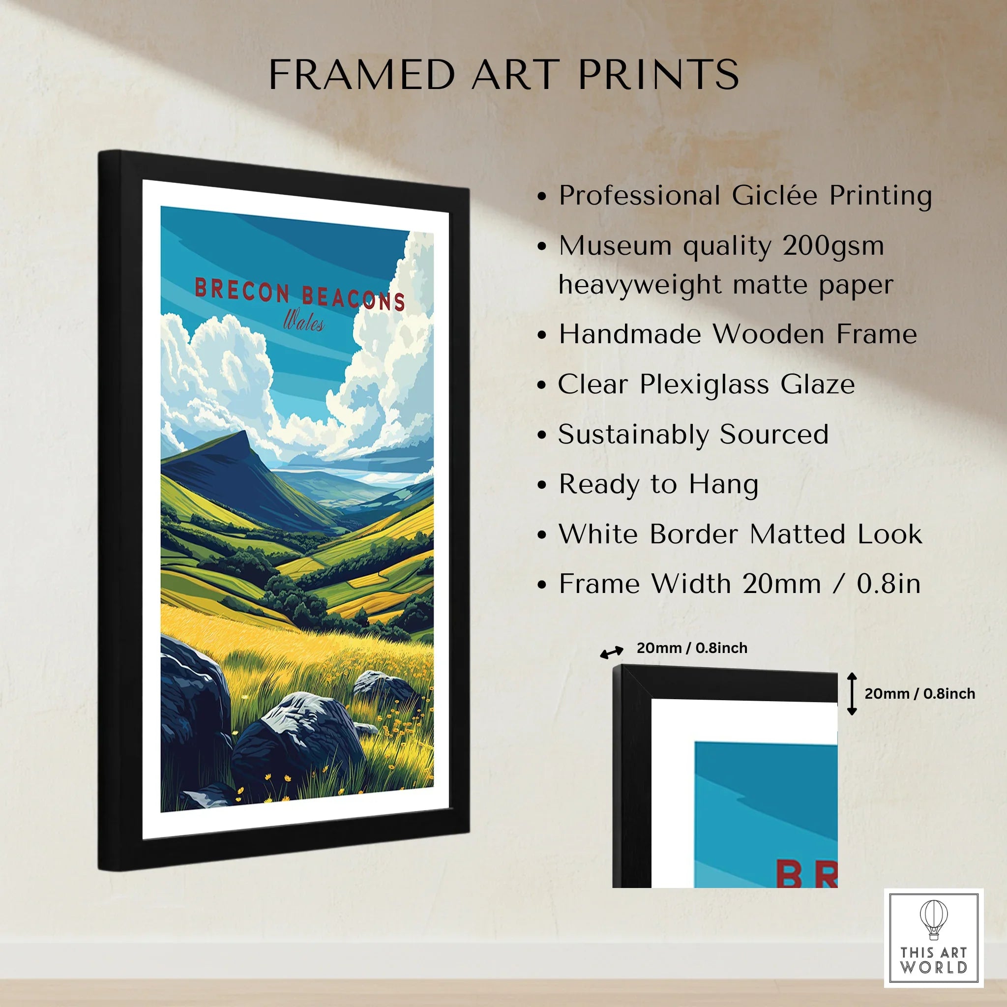 Brecon Beacons Wales Valley Travel Poster — framed print details measurements quality details