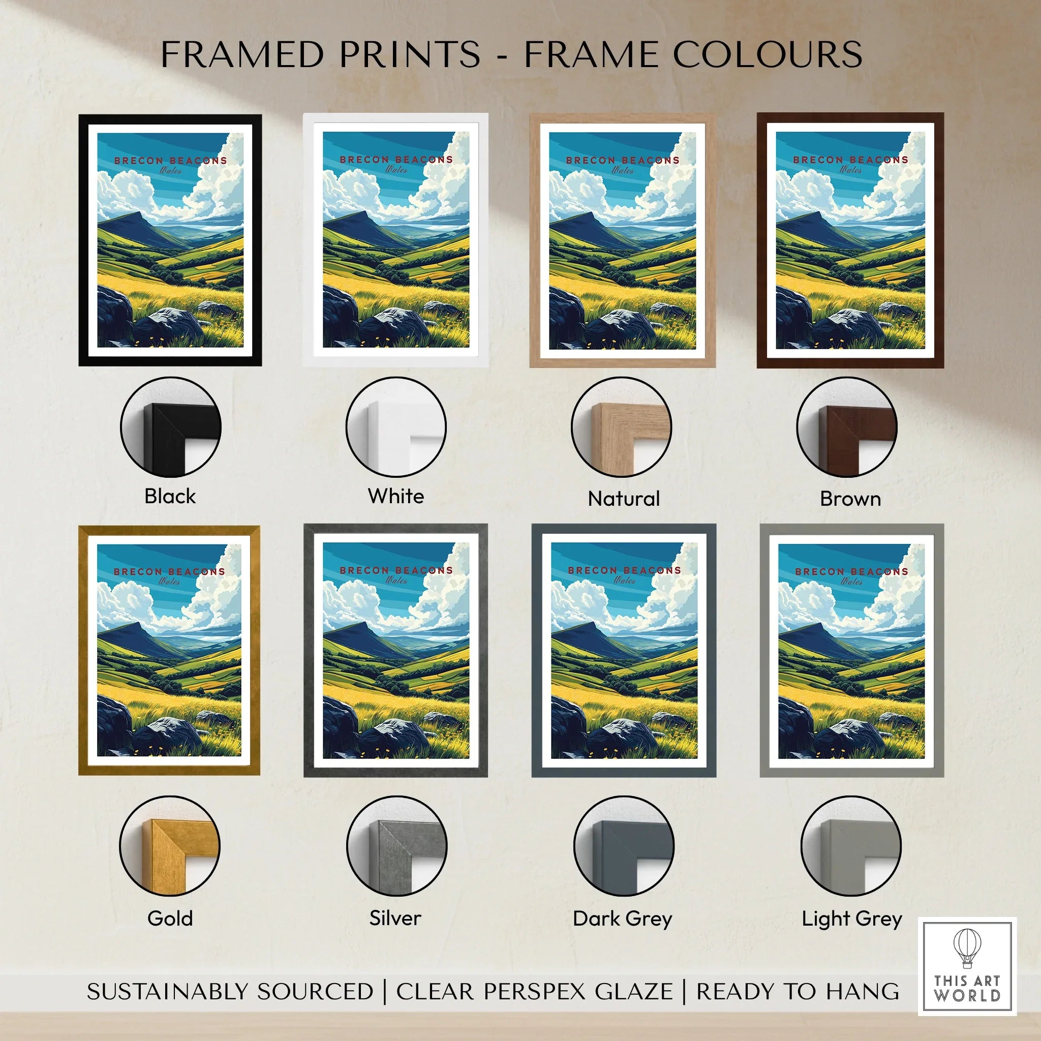 Brecon Beacons Wales Valley Travel Poster — framed print colour options