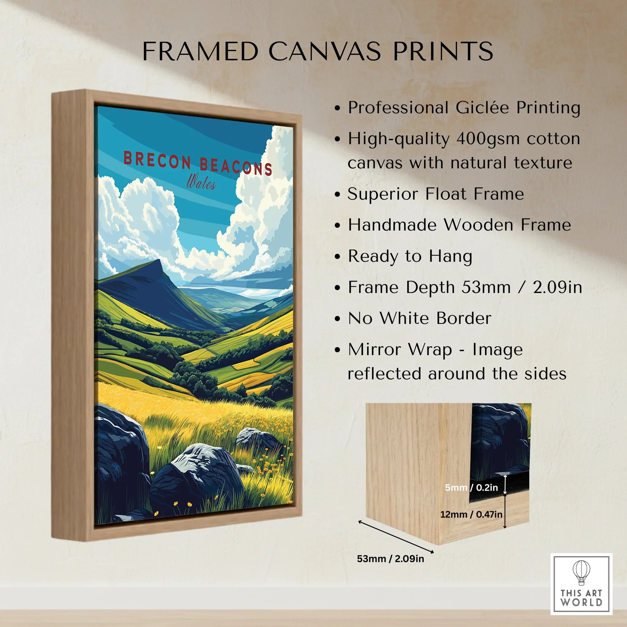 Brecon Beacons Wales Valley Travel Poster — framed canvas float frame details quality