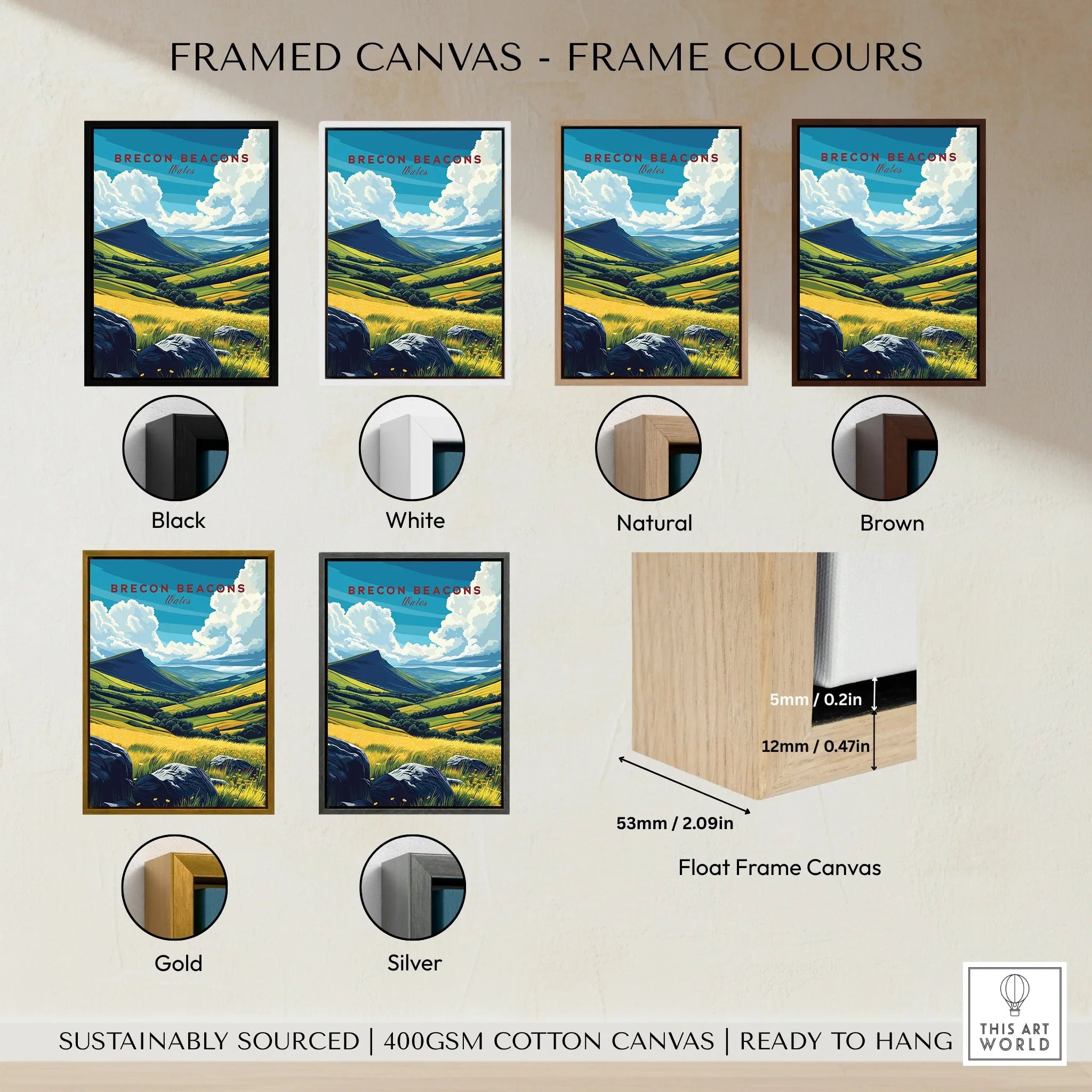 Brecon Beacons Wales Valley Travel Poster — framed canvas float frame colour options