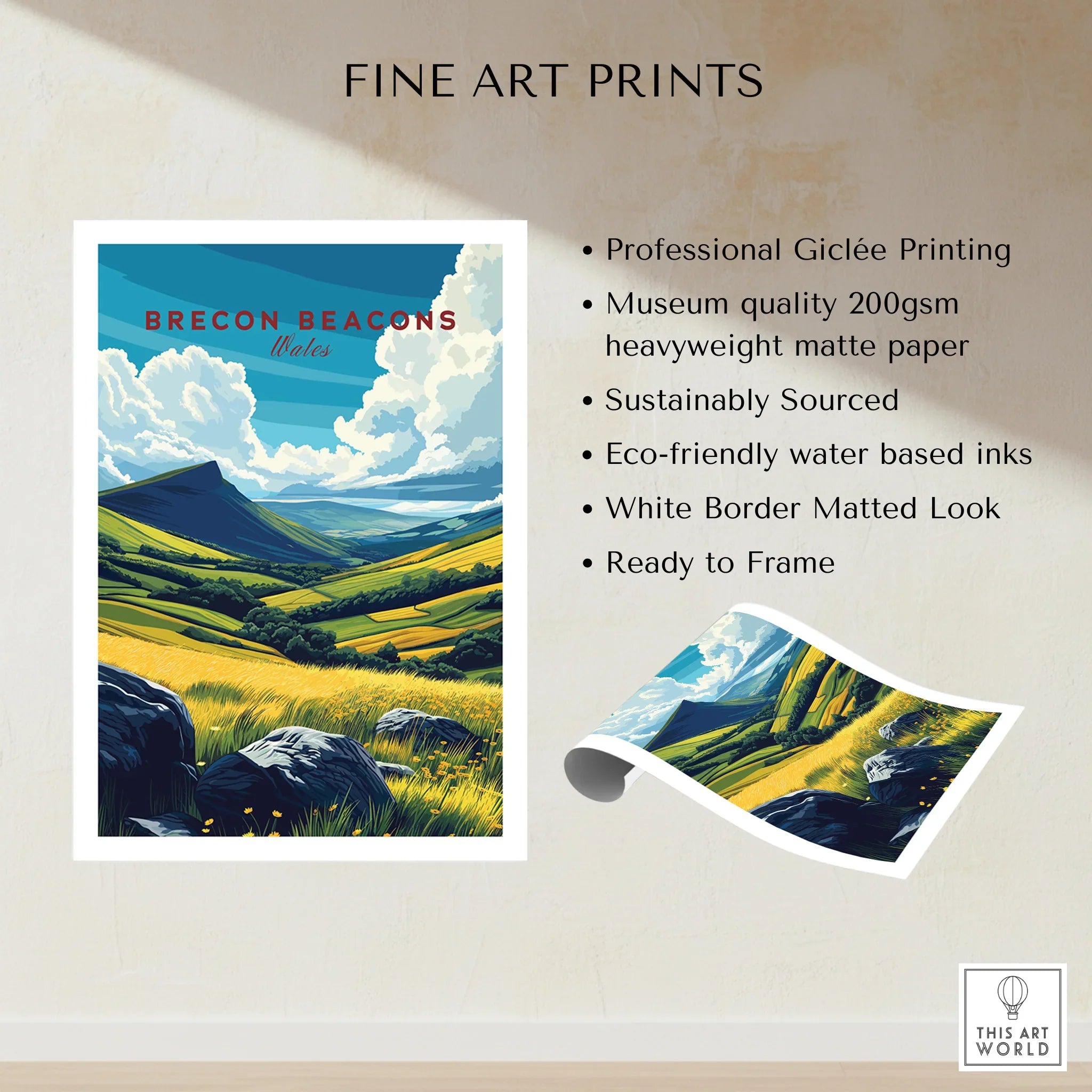 Brecon Beacons Wales Valley Travel Poster — fine art print unframed quality details