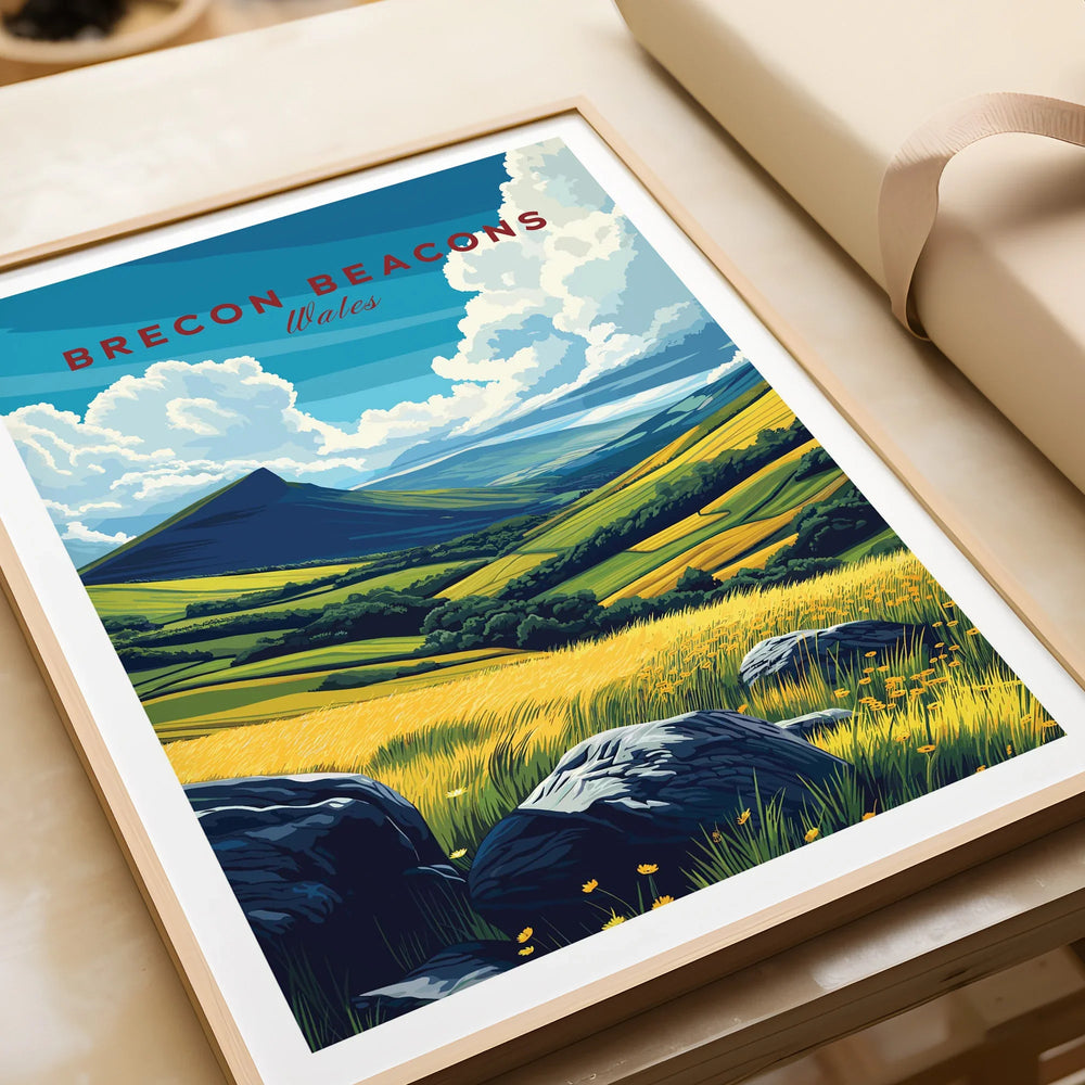 Brecon Beacons Wales Valley Travel Poster — framed art print closeup gift unwrapped natural frame