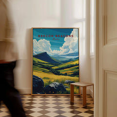 Brecon Beacons Wales Valley Travel Poster — framed canvas on floor man walking past