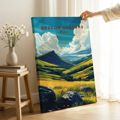 Brecon Beacons Wales Valley Travel Poster — canvas print mirror edge hand holding room setting
