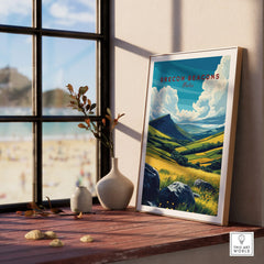 Brecon Beacons Wales Valley Travel Poster — framed print window view natural wood frame
