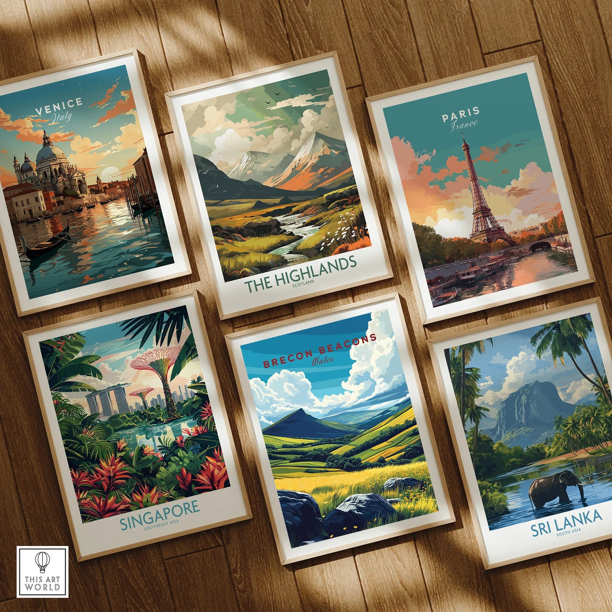 Brecon Beacons Wales Valley Travel Poster — set six framed art prints wooden floor natural wood frames
