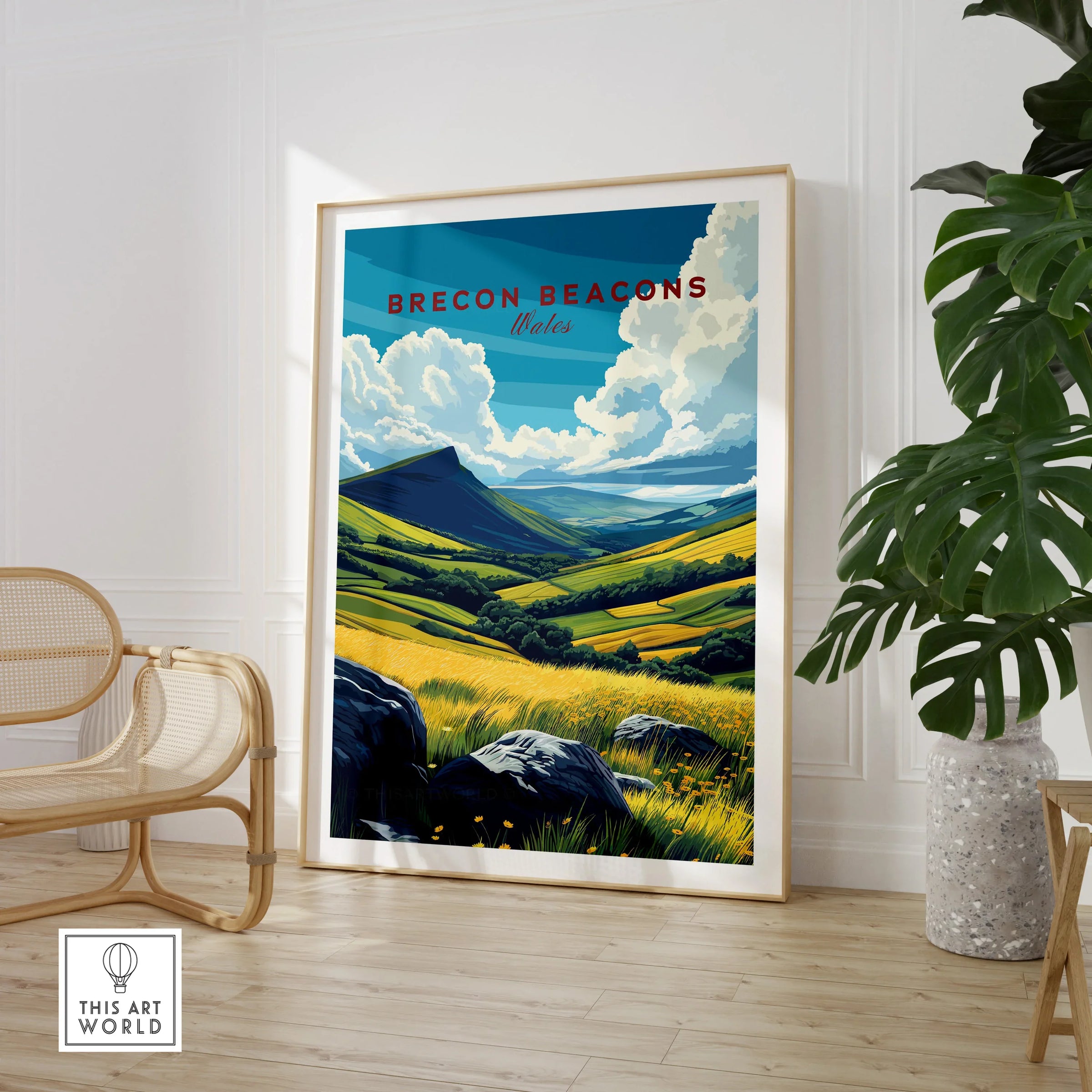 Brecon Beacons Wales Valley Travel Poster — large framed print room setting chair plant
