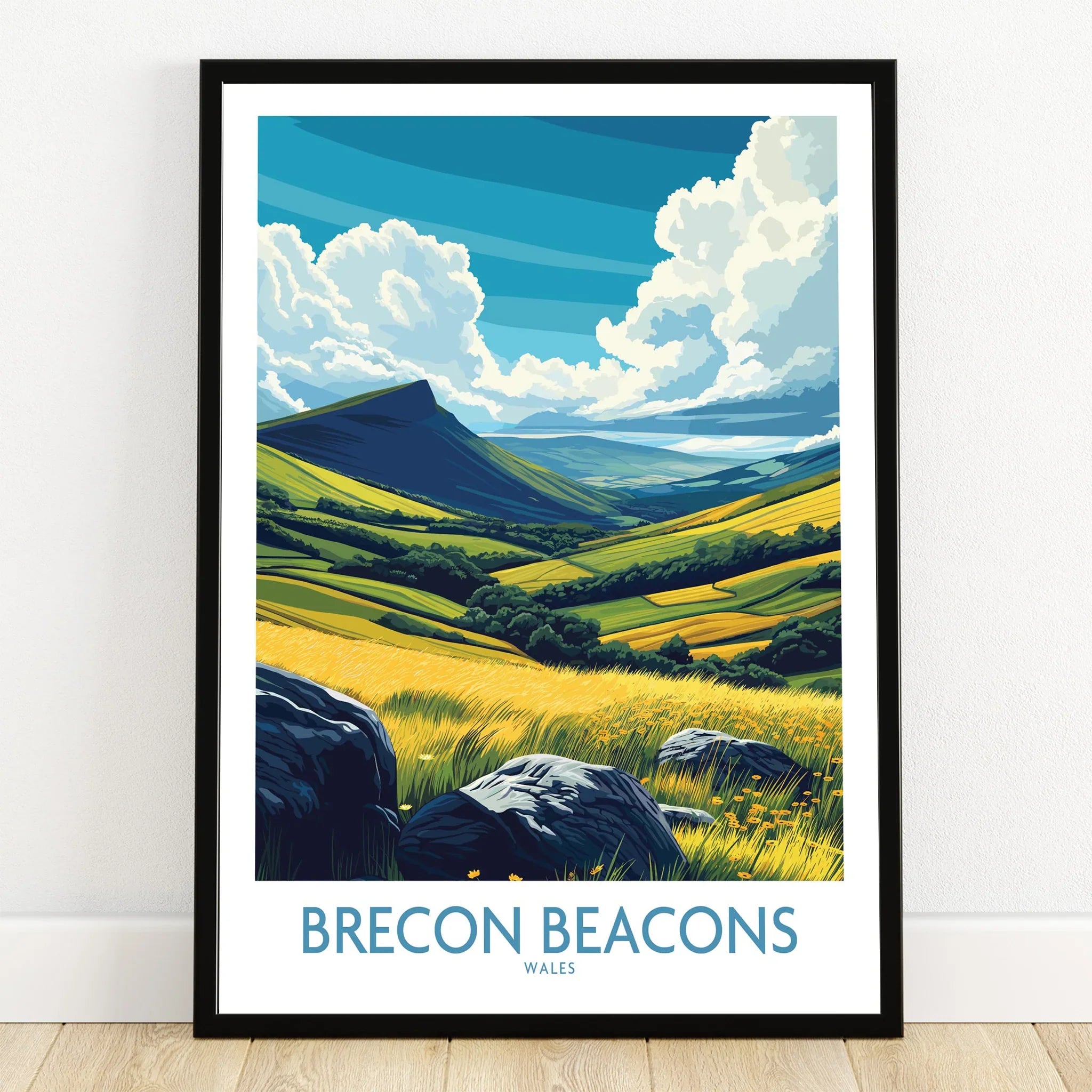 Brecon Beacons Wales Valley Wall Art — art print in black frame on wooden floor