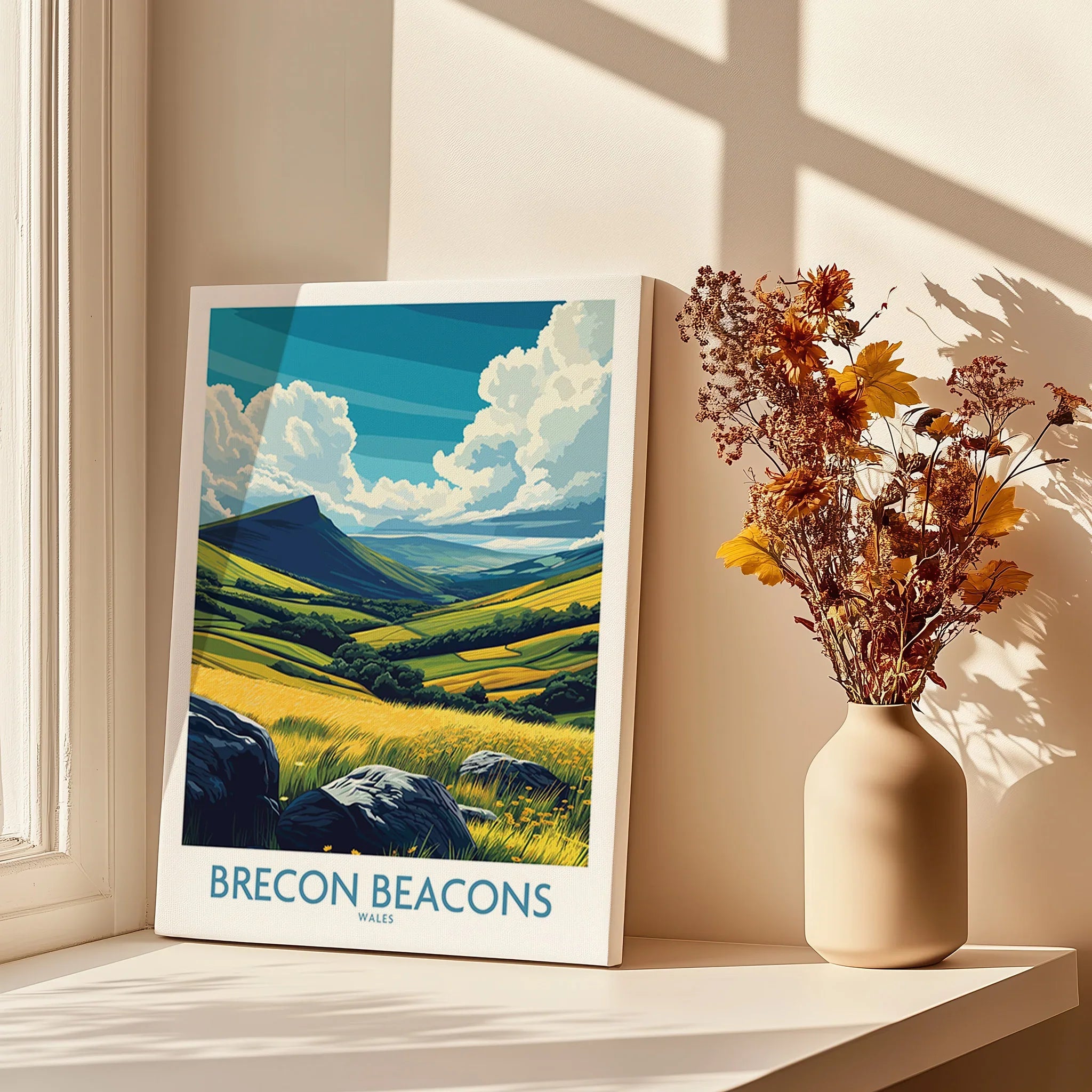Brecon Beacons Wales Valley Wall Art — canvas print window setting with shadows flowers