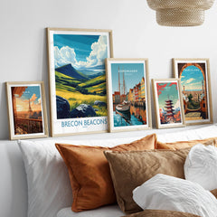 Brecon Beacons Wales Valley Wall Art — set five framed artprints above bed natural wood frames