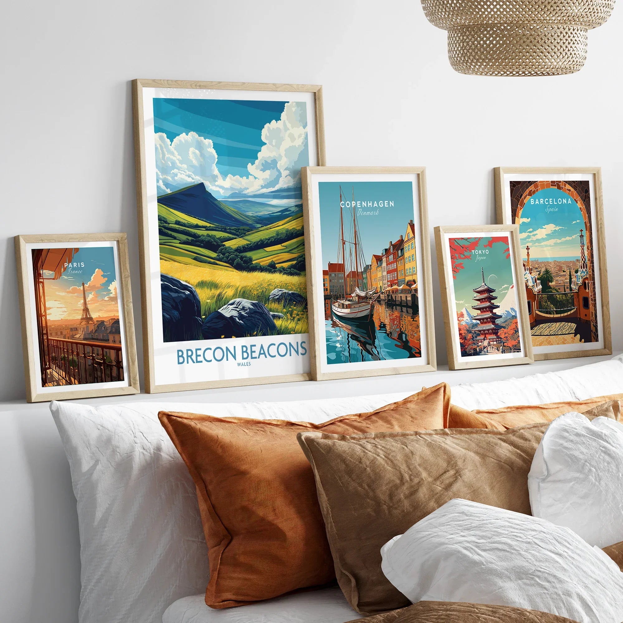 Brecon Beacons Wales Valley Wall Art — set five framed artprints above bed natural wood frames