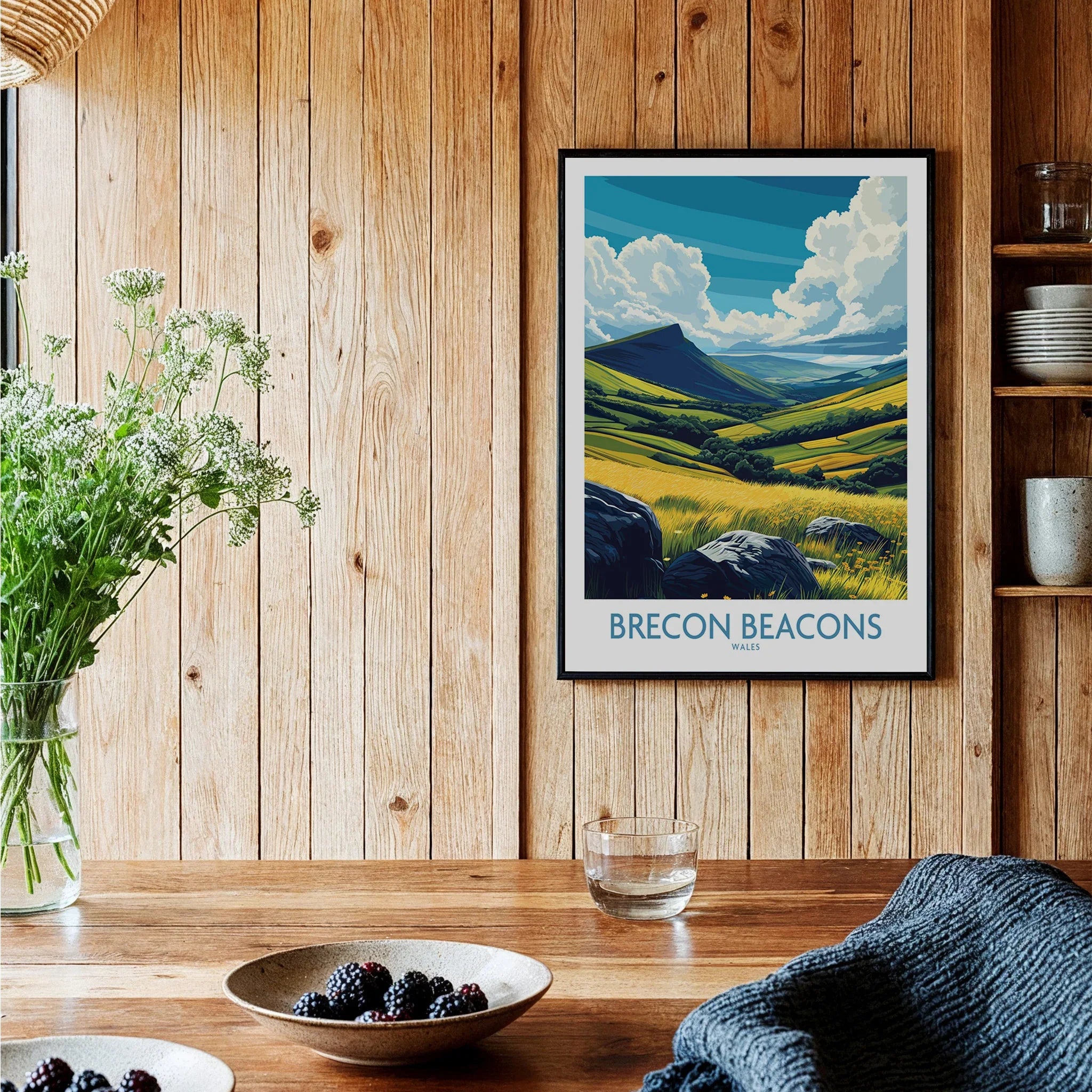 Brecon Beacons Wales Valley Wall Art — black framed art print kitchen setting