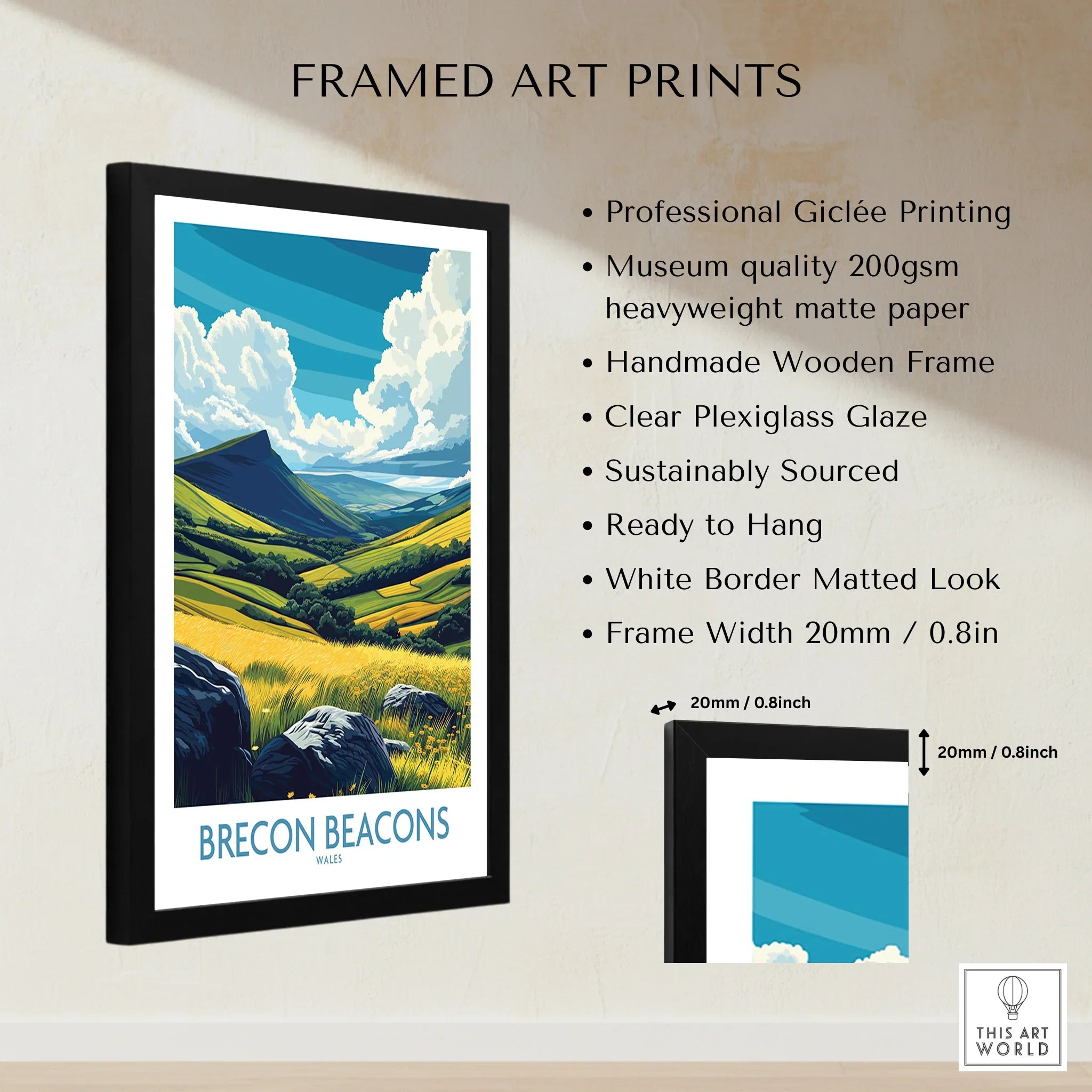 Brecon Beacons Wales Valley Wall Art — framed print details measurements quality details
