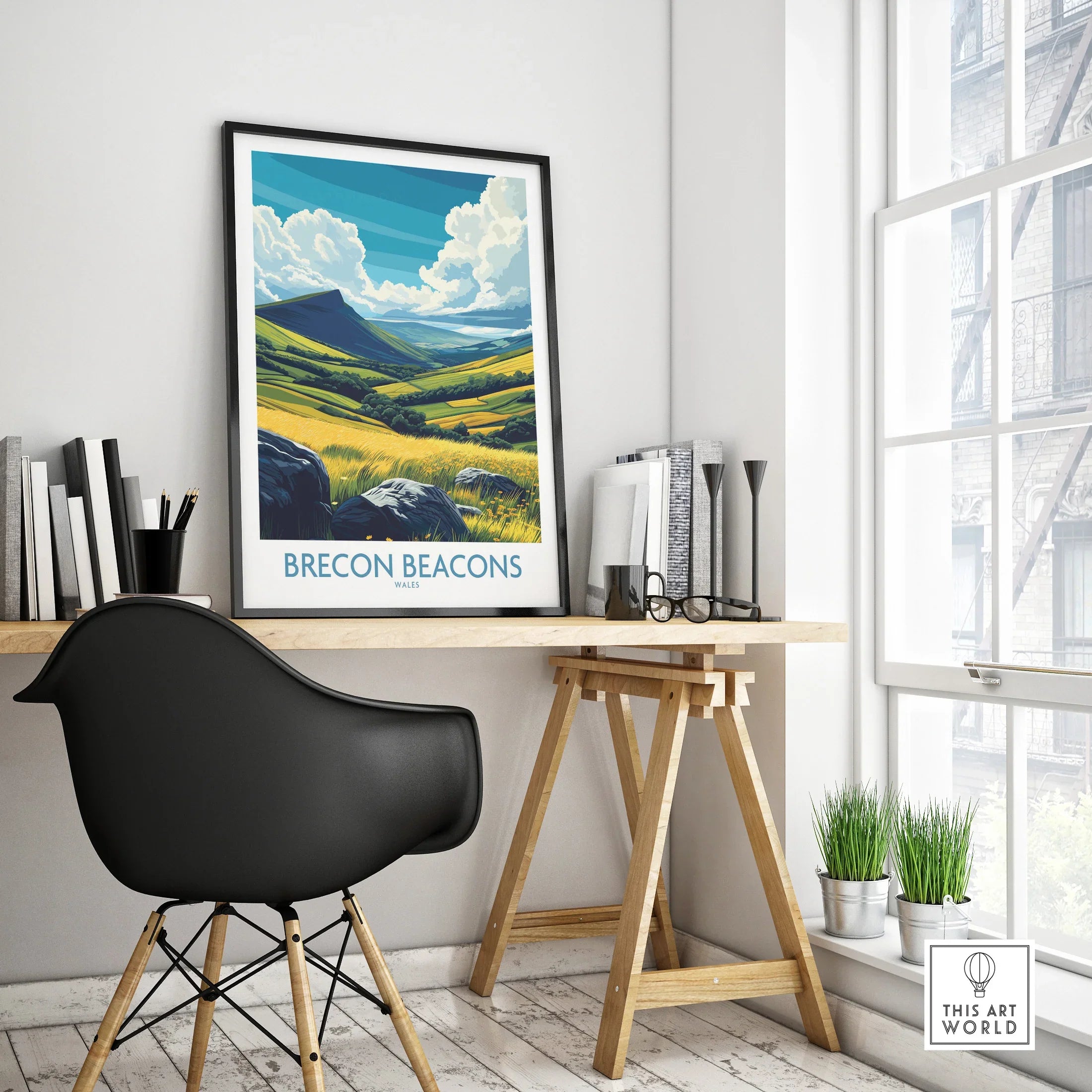 Brecon Beacons Wales Valley Wall Art — framed poster black frame on office desk modern