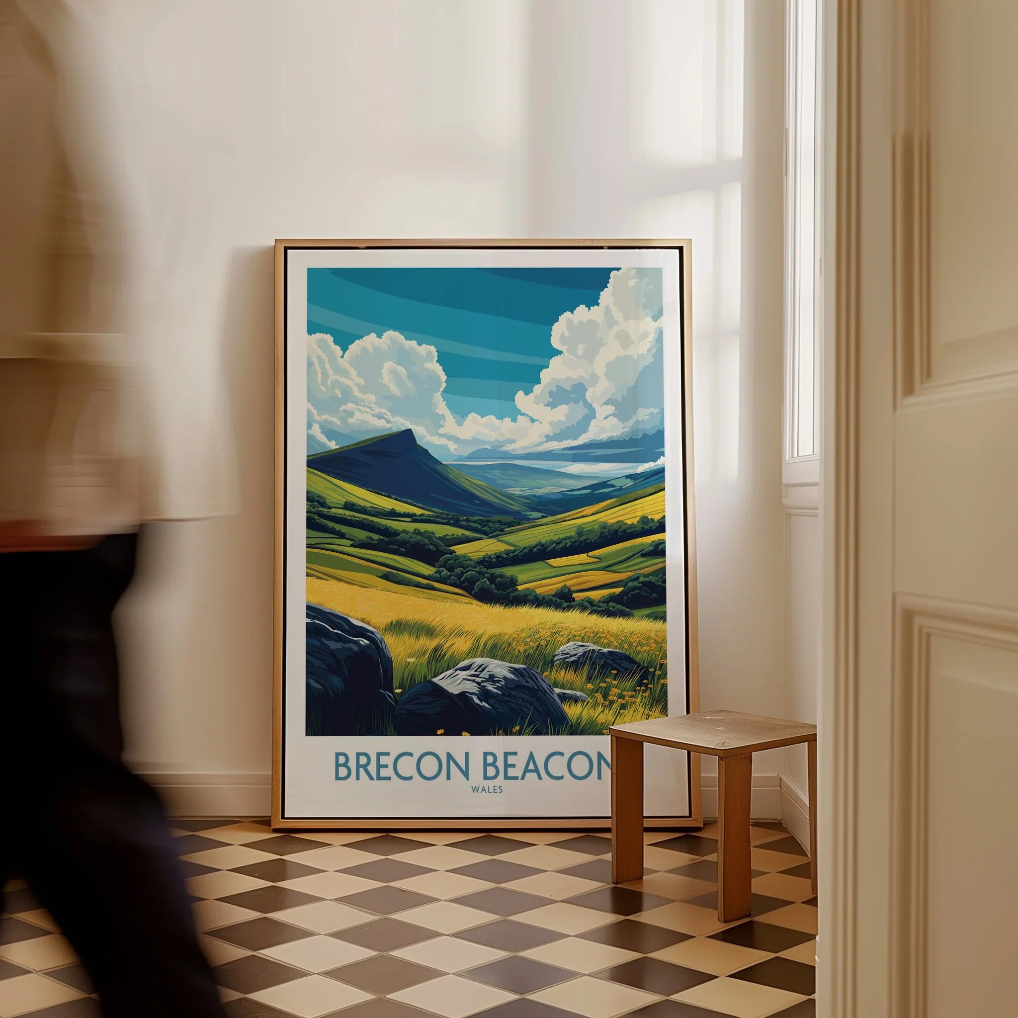 Brecon Beacons Wales Valley Wall Art — framed canvas on floor man walking past