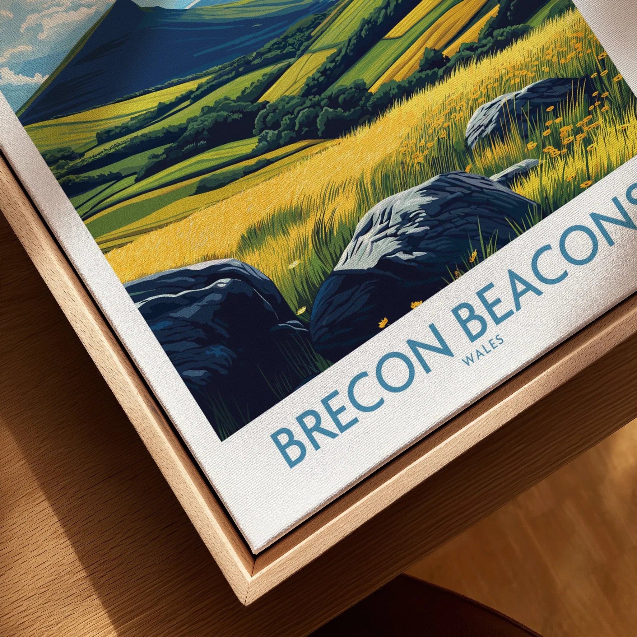 Brecon Beacons Wales Valley Wall Art — closeup framed canvas natural wood floating frame