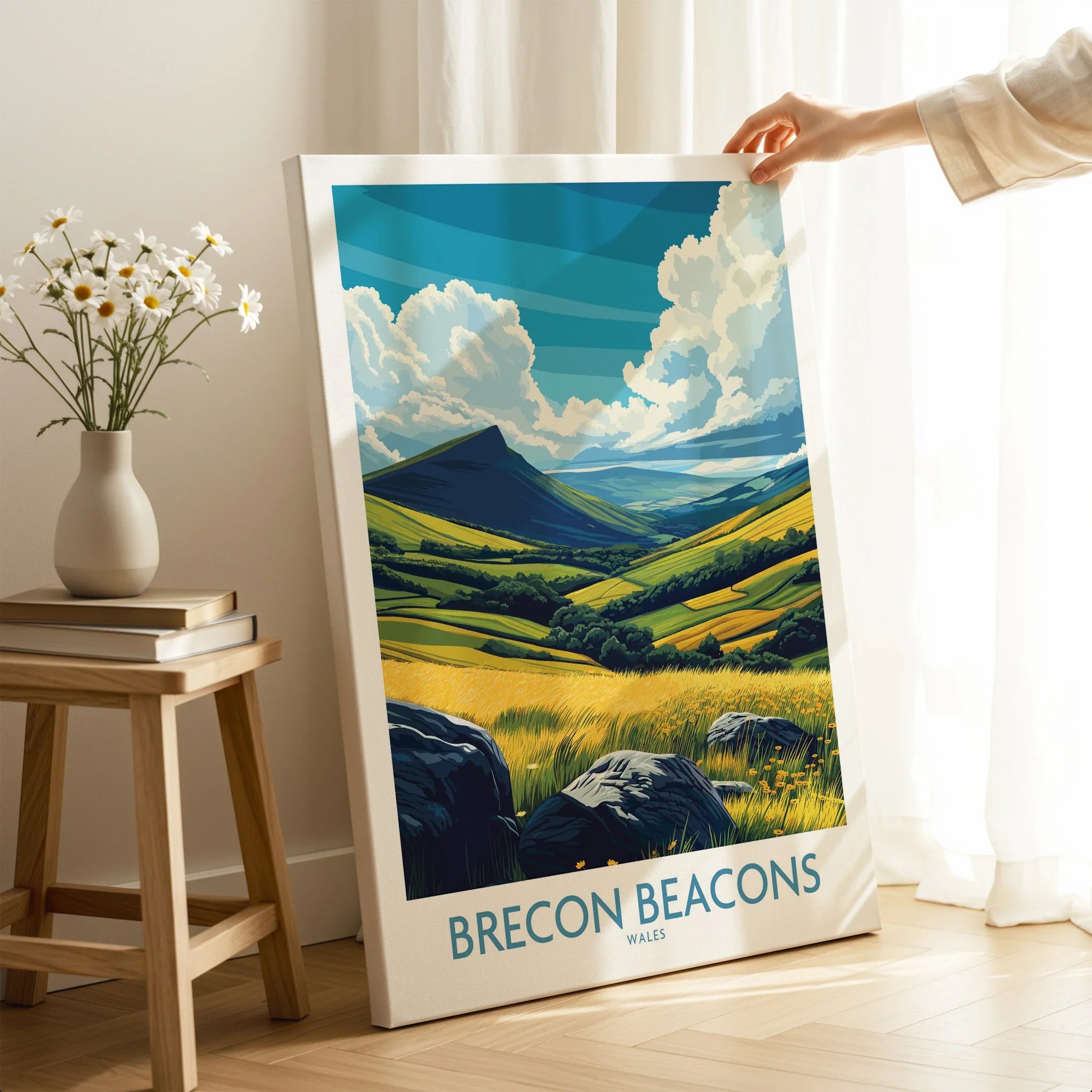 Brecon Beacons Wales Valley Wall Art — canvas print mirror edge hand holding room setting