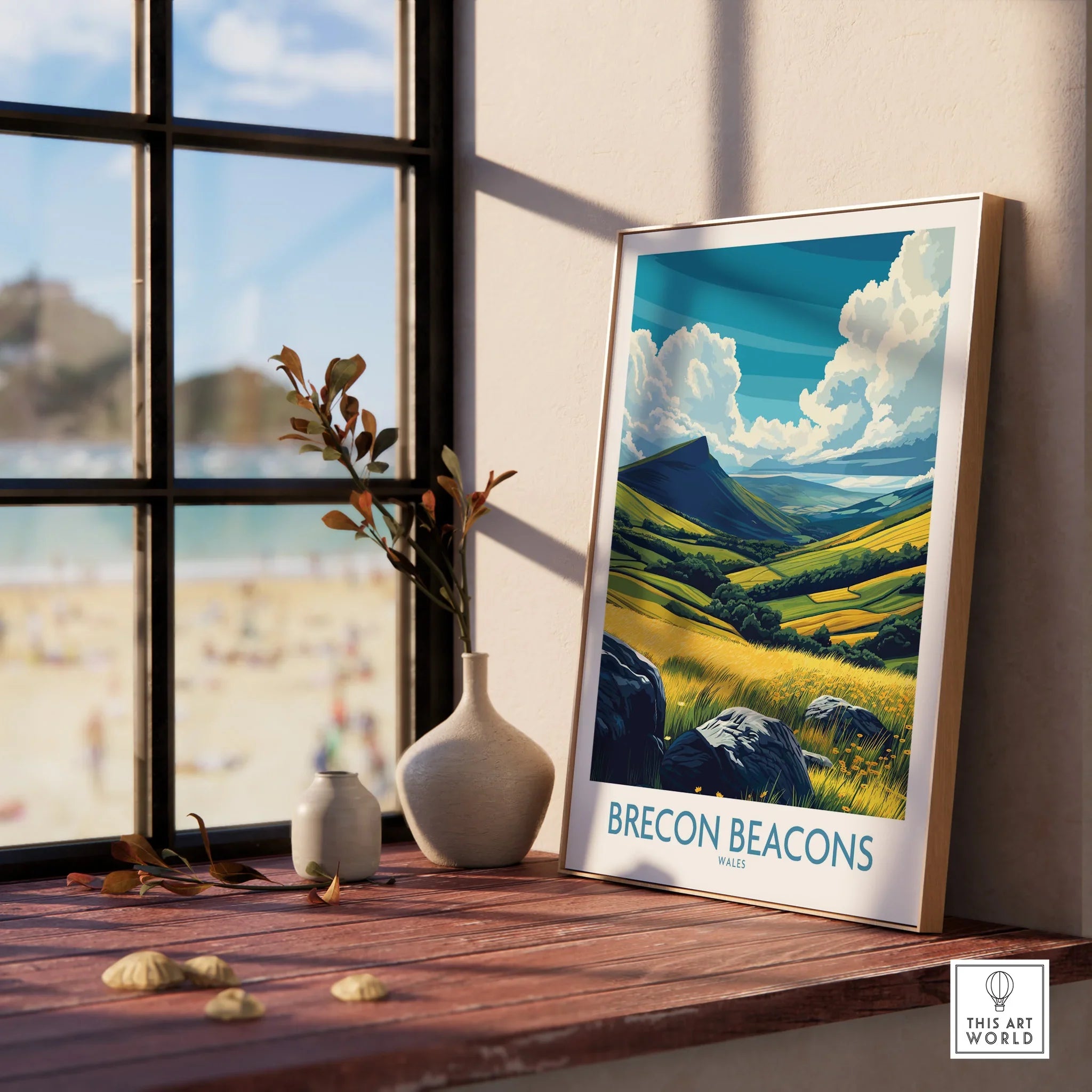 Brecon Beacons Wales Valley Wall Art — framed print window view natural wood frame
