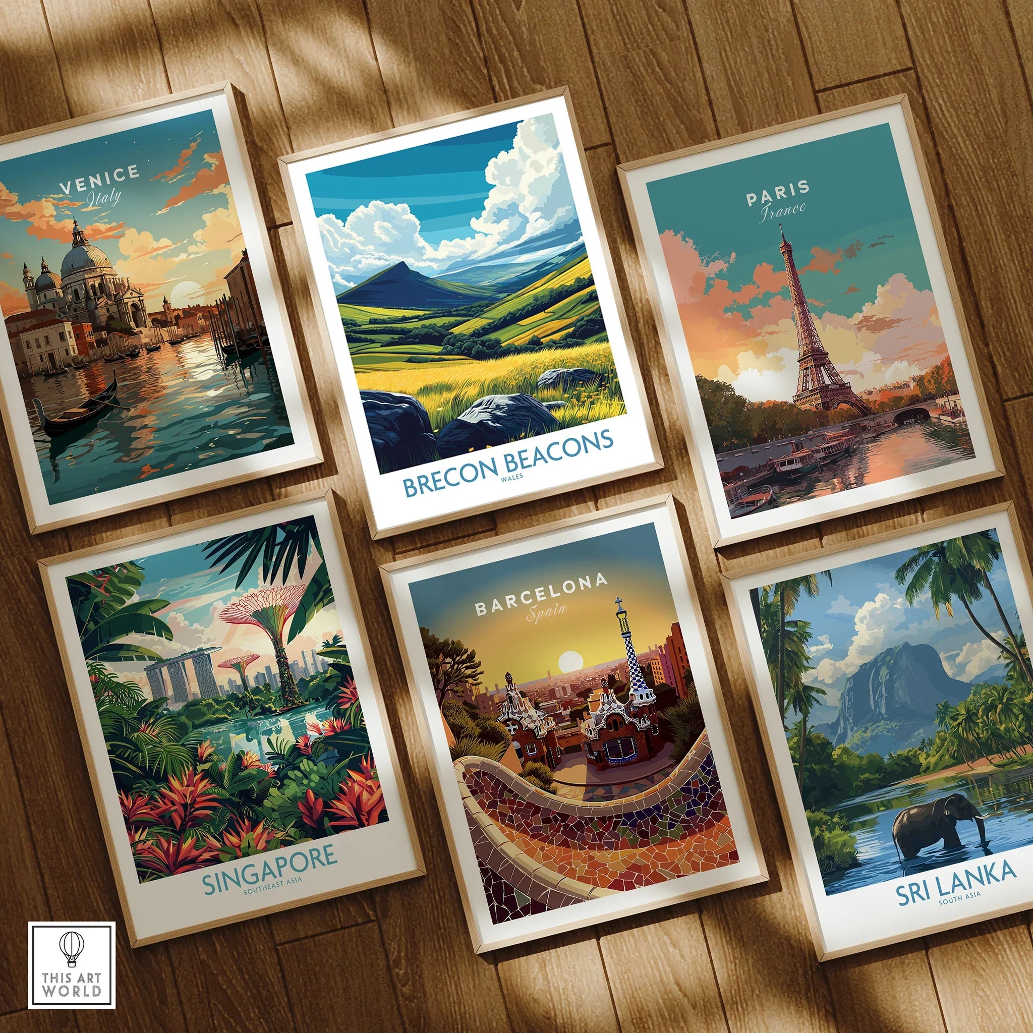 Brecon Beacons Wales Valley Wall Art — set six framed art prints wooden floor natural wood frames