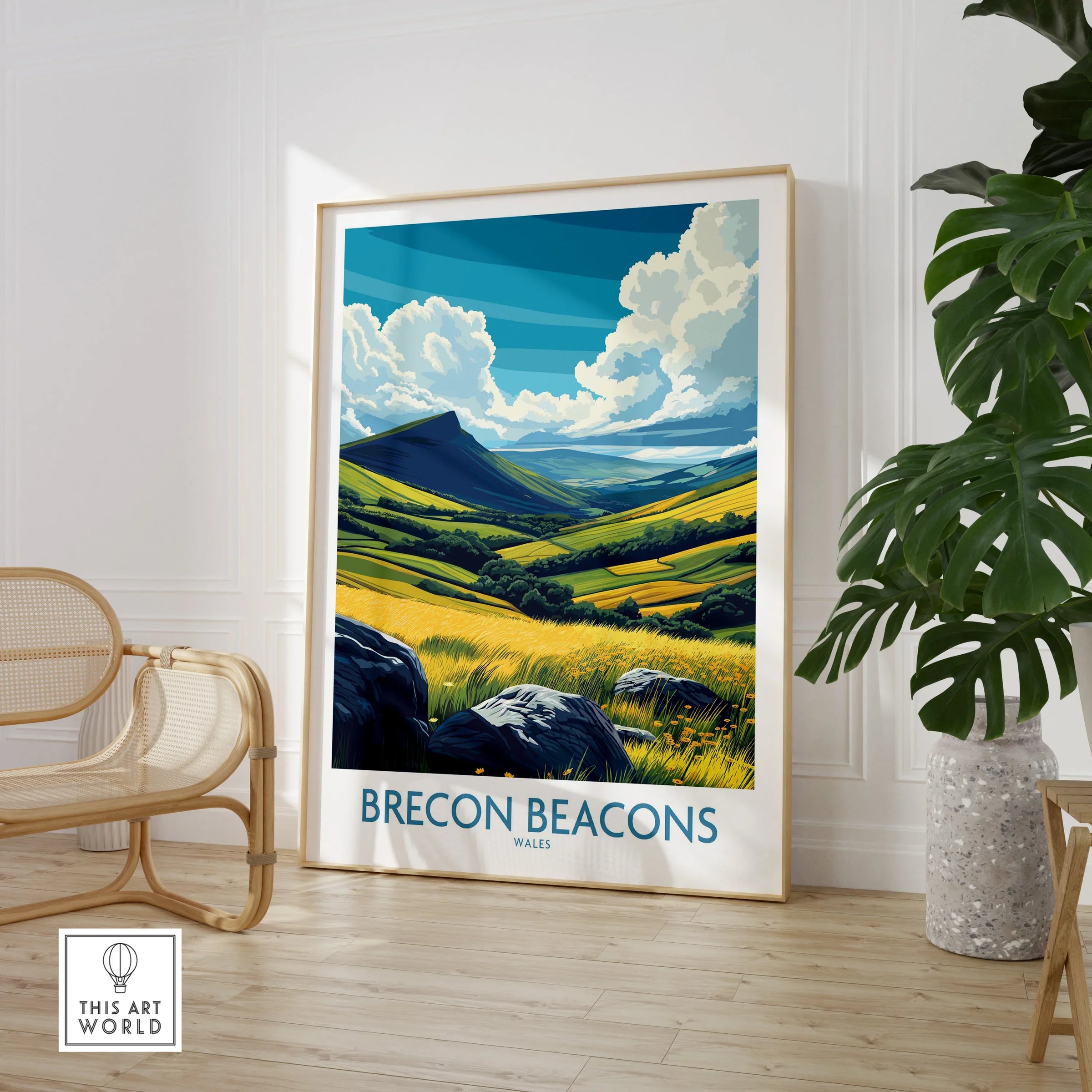 Brecon Beacons Wales Valley Wall Art — large framed print room setting chair plant