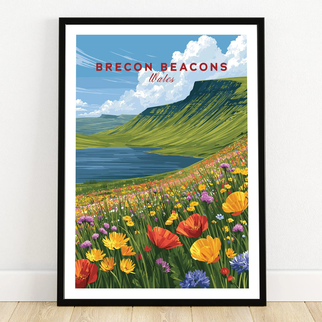 Brecon Beacons Wales Mountain Lake Travel Poster — art print in black frame on wooden floor