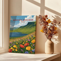 Brecon Beacons Wales Mountain Lake Travel Poster — canvas print window setting with shadows flowers