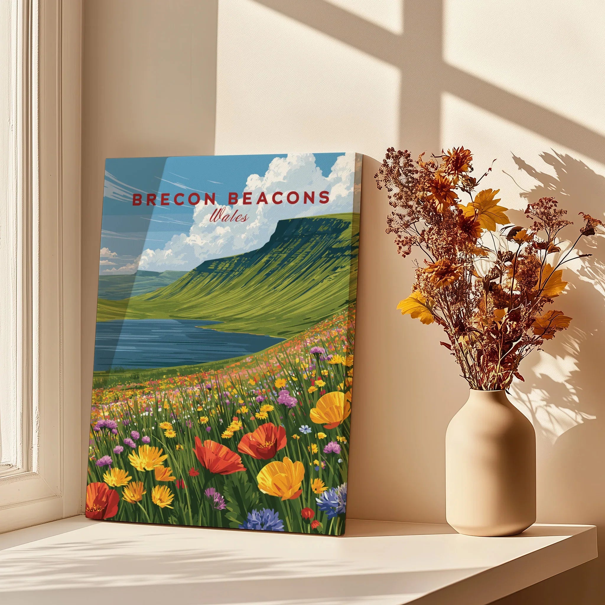 Brecon Beacons Wales Mountain Lake Travel Poster — canvas print window setting with shadows flowers