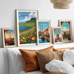 Brecon Beacons Wales Mountain Lake Travel Poster — set five framed artprints above bed natural wood frames