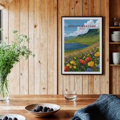 Brecon Beacons Wales Mountain Lake Travel Poster — black framed art print kitchen setting