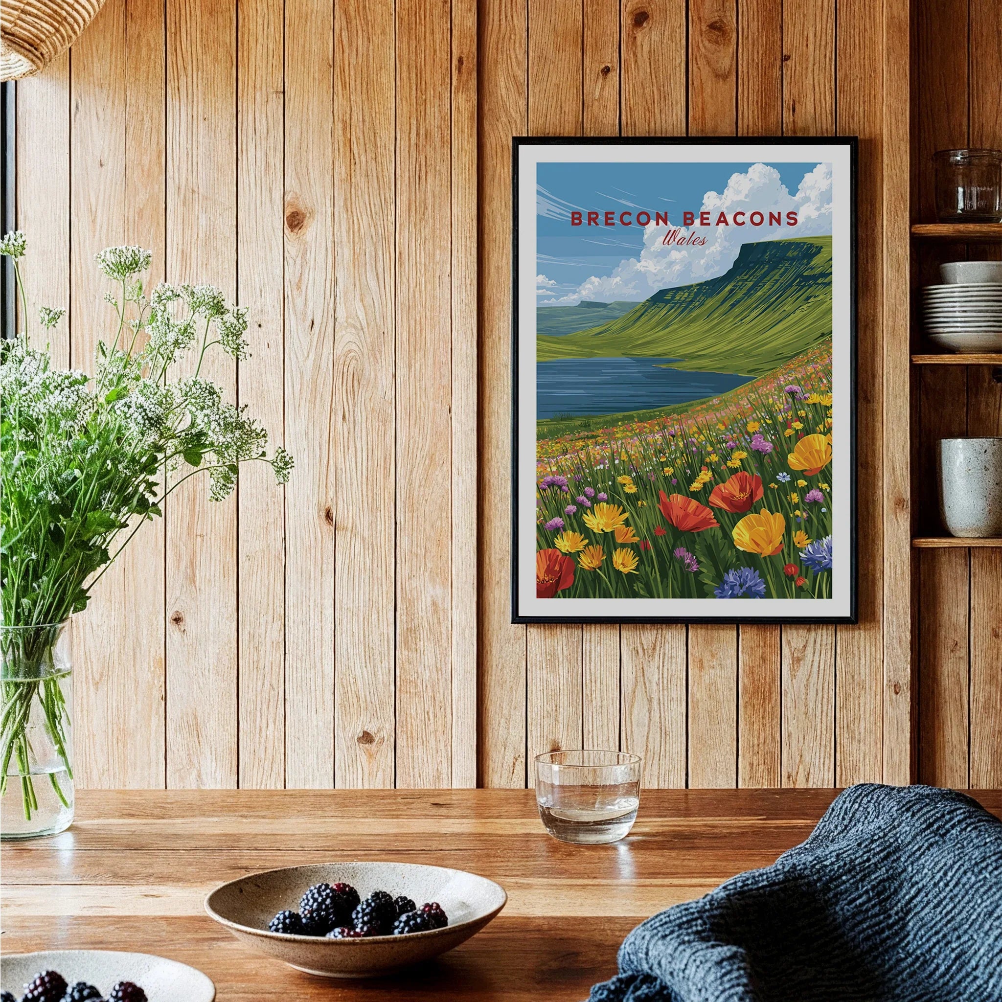 Brecon Beacons Wales Mountain Lake Travel Poster — black framed art print kitchen setting