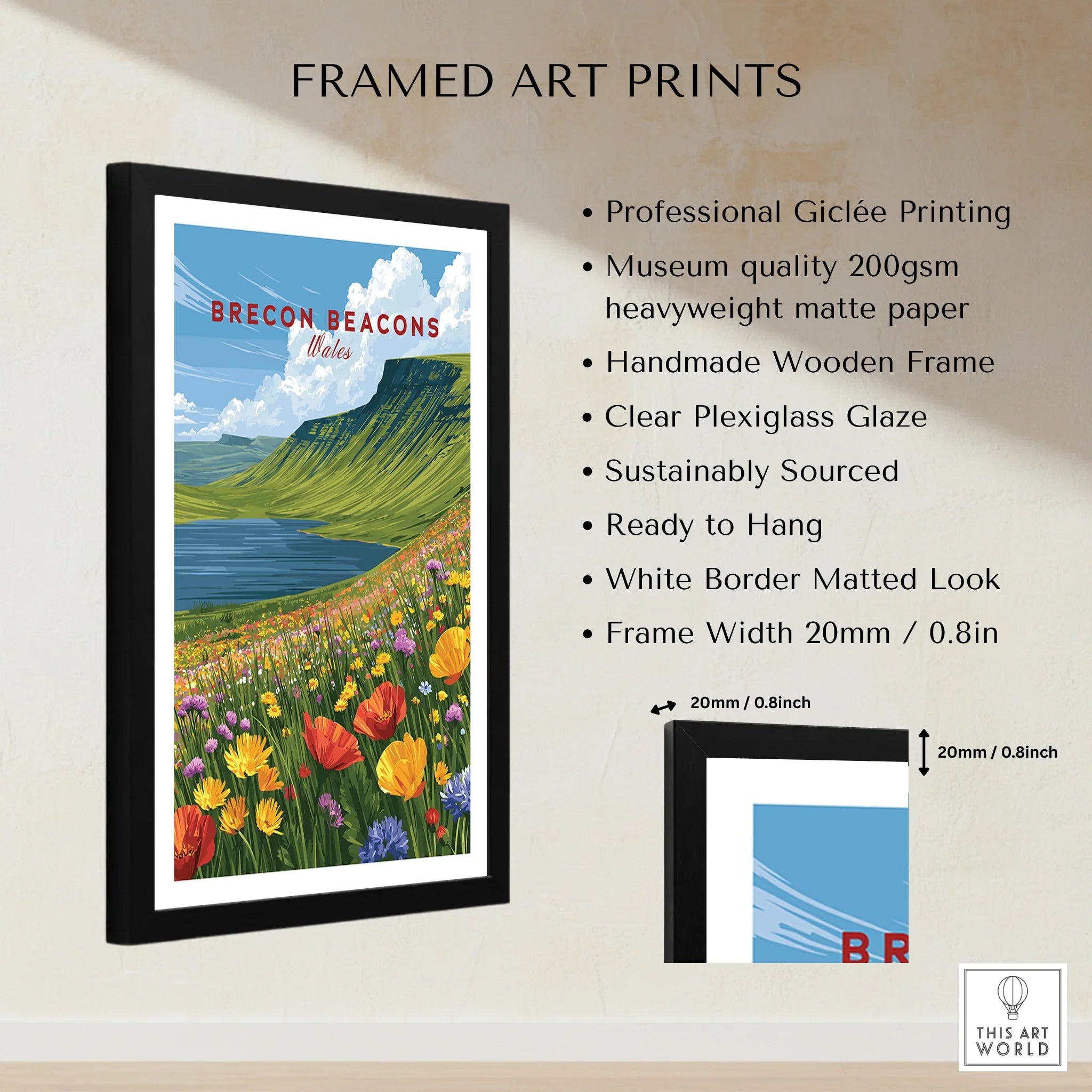 Brecon Beacons Wales Mountain Lake Travel Poster — framed print details measurements quality details