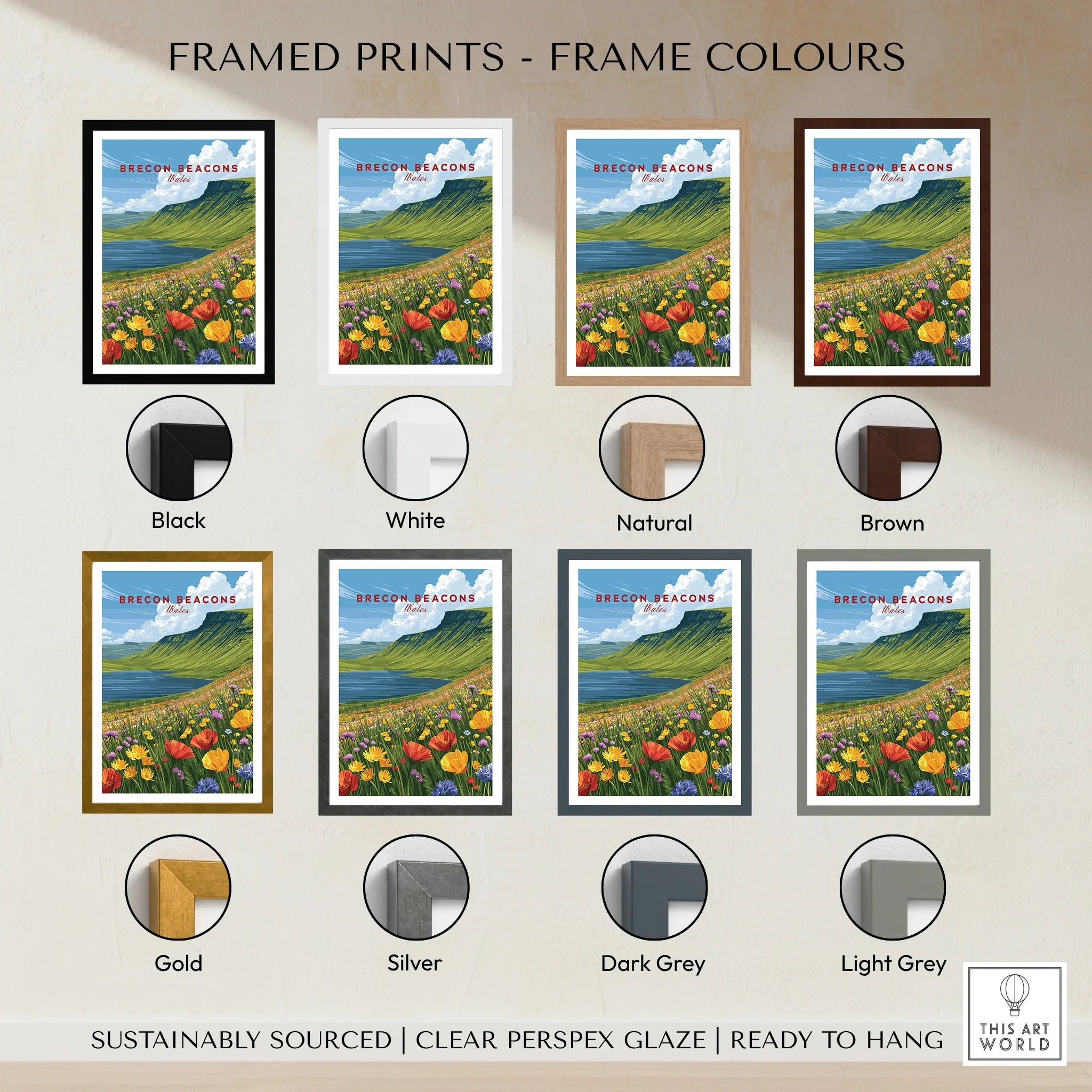 Brecon Beacons Wales Mountain Lake Travel Poster — framed print colour options