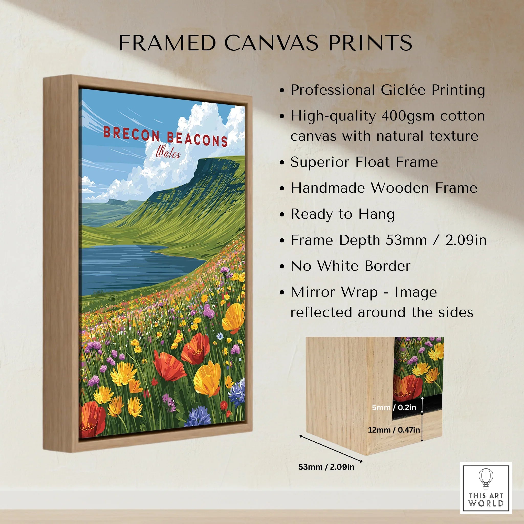 Brecon Beacons Wales Mountain Lake Travel Poster — framed canvas float frame details quality