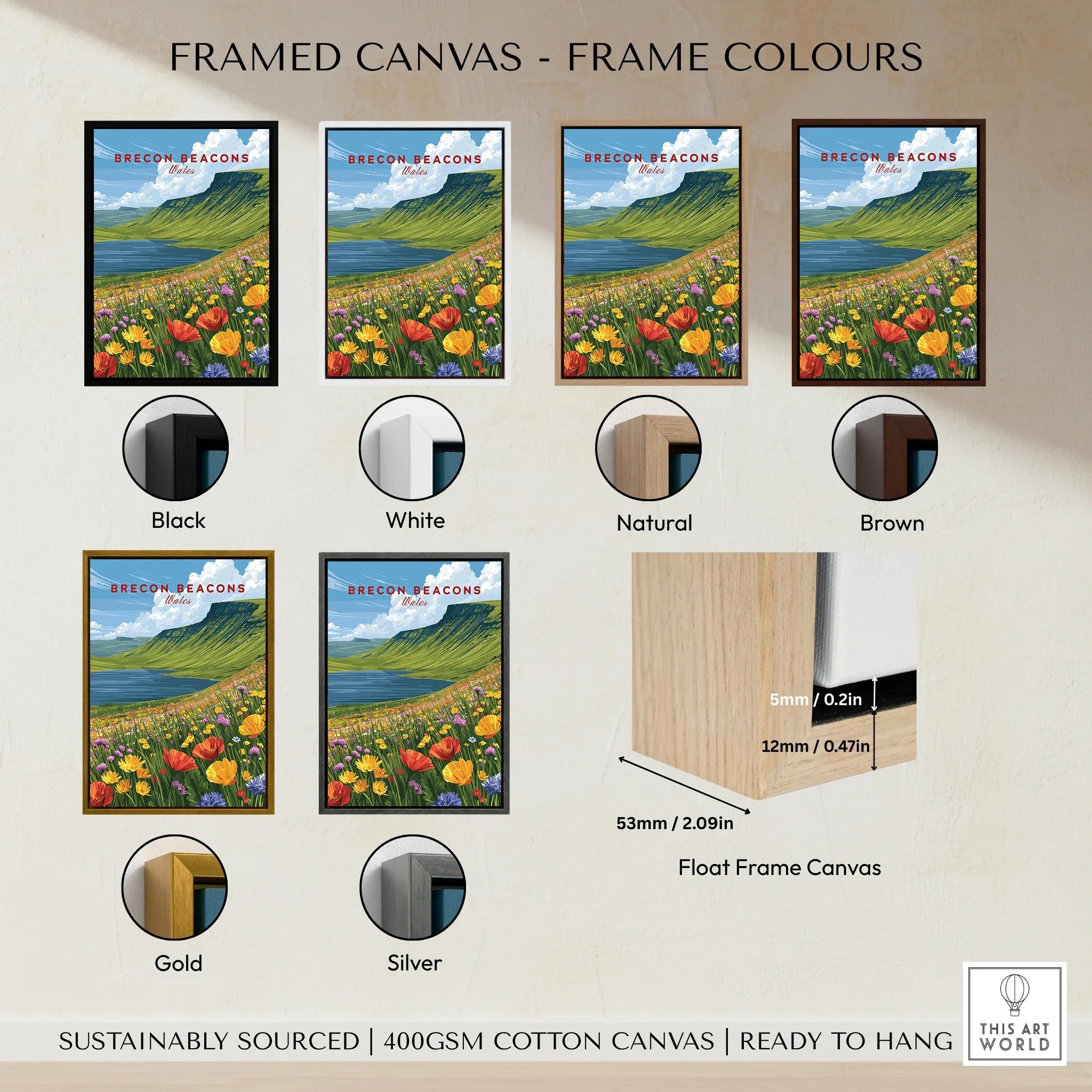 Brecon Beacons Wales Mountain Lake Travel Poster — framed canvas float frame colour options