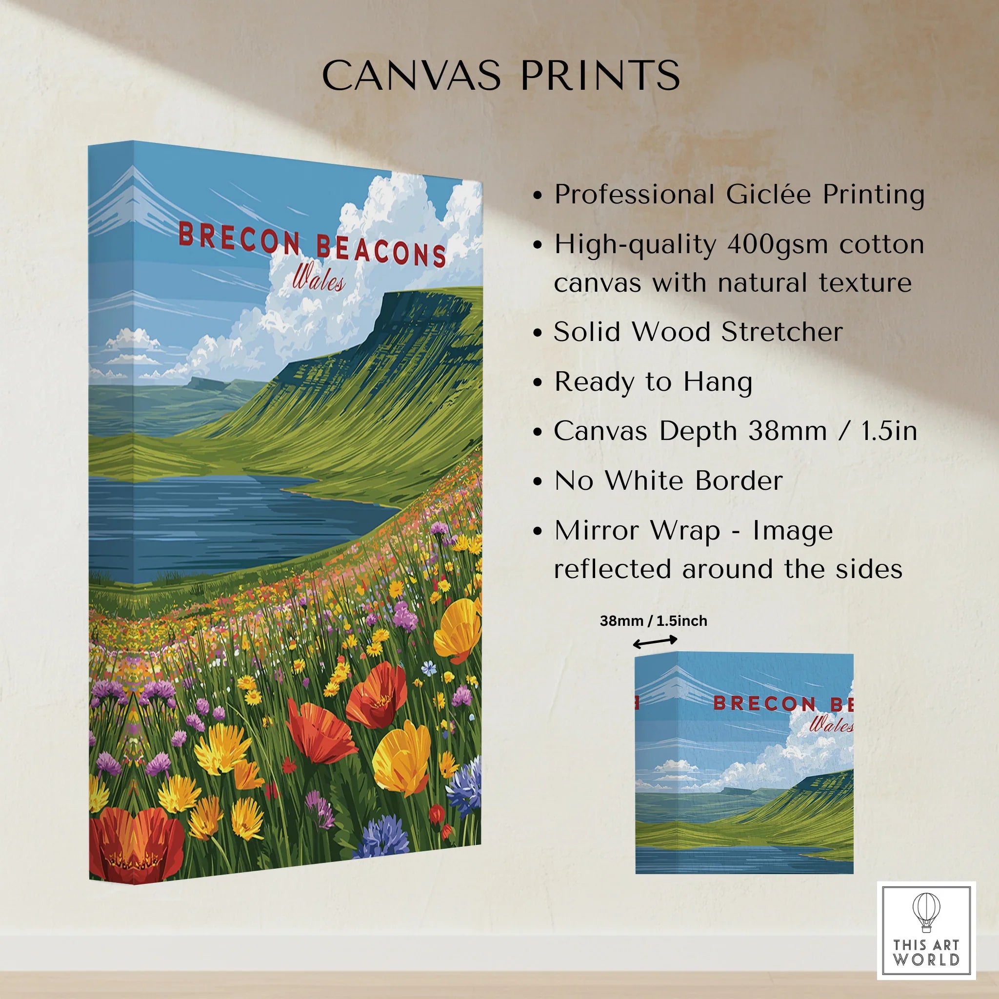 Brecon Beacons Wales Mountain Lake Travel Poster — canvas print stretched cotton canvas details