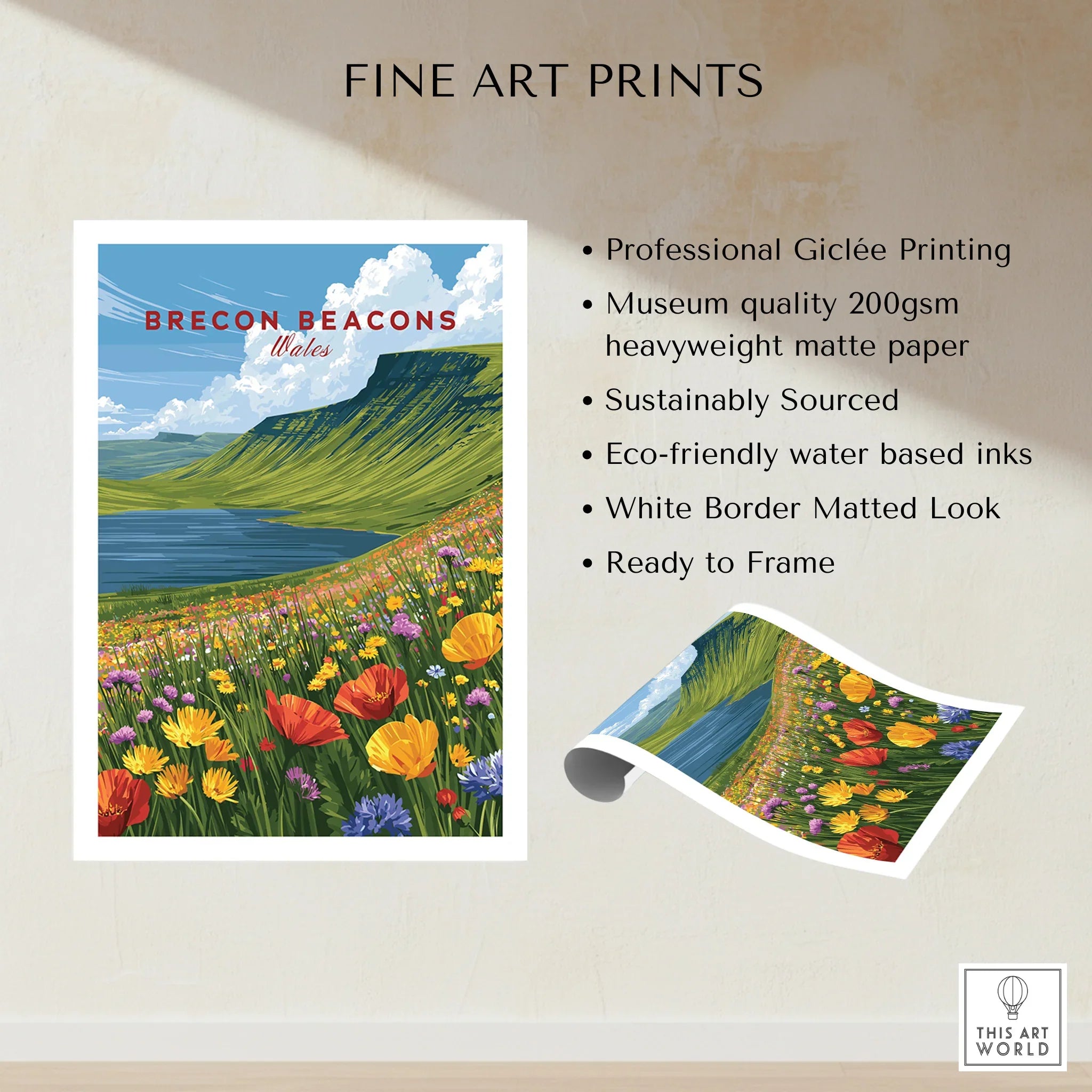 Brecon Beacons Wales Mountain Lake Travel Poster — fine art print unframed quality details