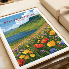 Brecon Beacons Wales Mountain Lake Travel Poster — framed art print closeup gift unwrapped natural frame