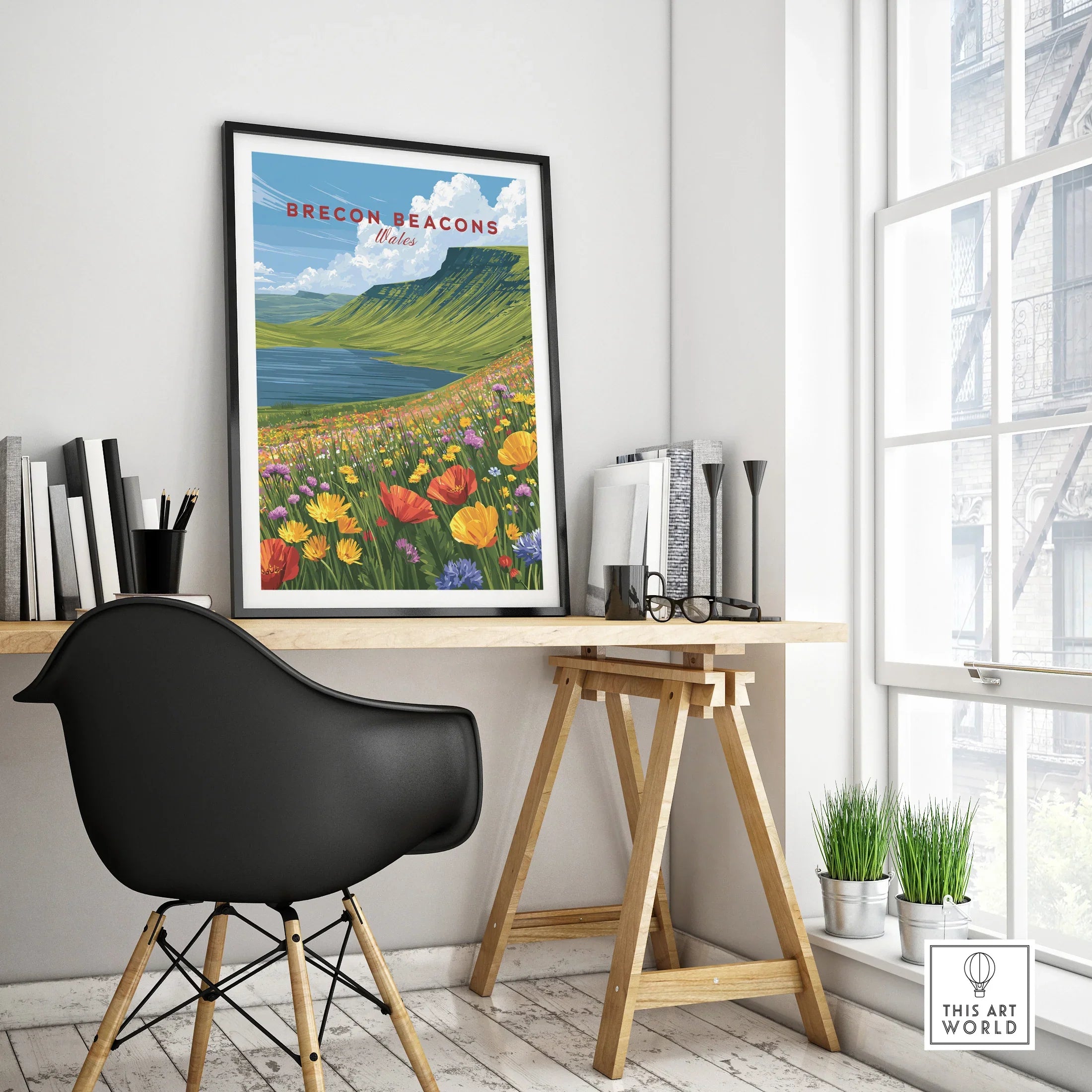 Brecon Beacons Wales Mountain Lake Travel Poster — framed poster black frame on office desk modern
