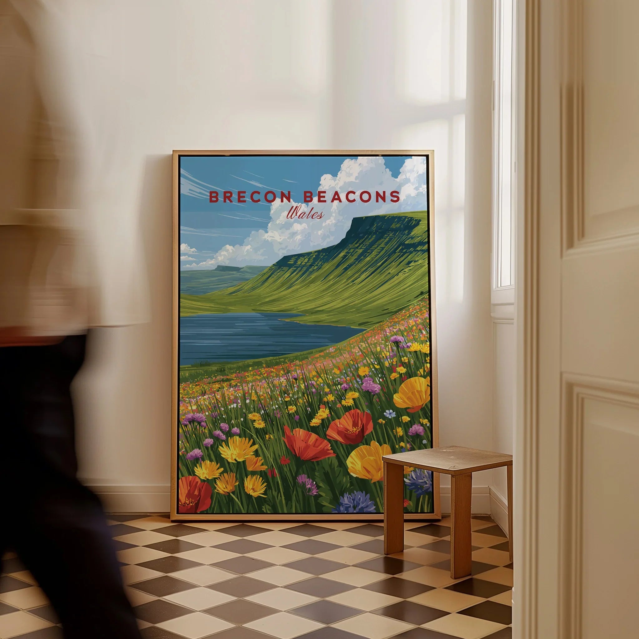 Brecon Beacons Wales Mountain Lake Travel Poster — framed canvas on floor man walking past