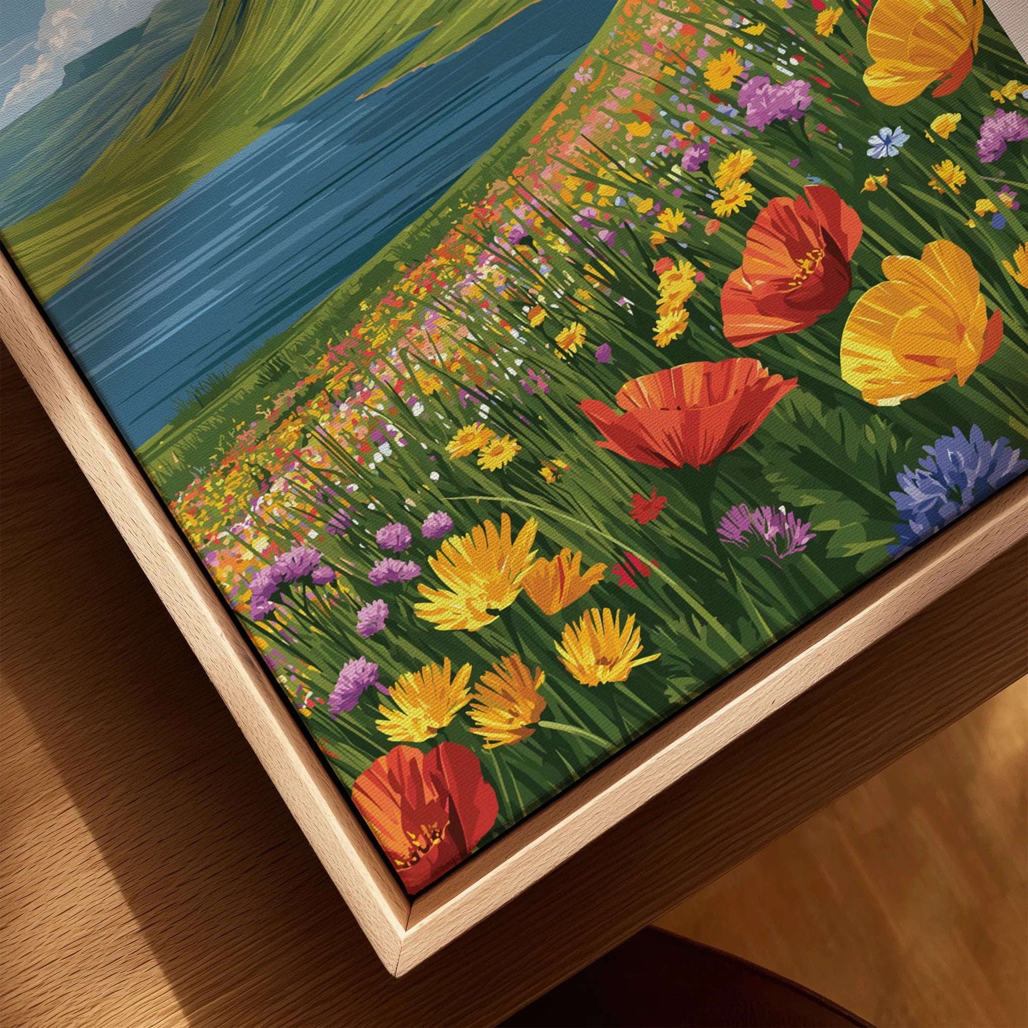 Brecon Beacons Wales Mountain Lake Travel Poster — closeup framed canvas natural wood floating frame