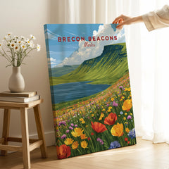 Brecon Beacons Wales Mountain Lake Travel Poster — canvas print mirror edge hand holding room setting