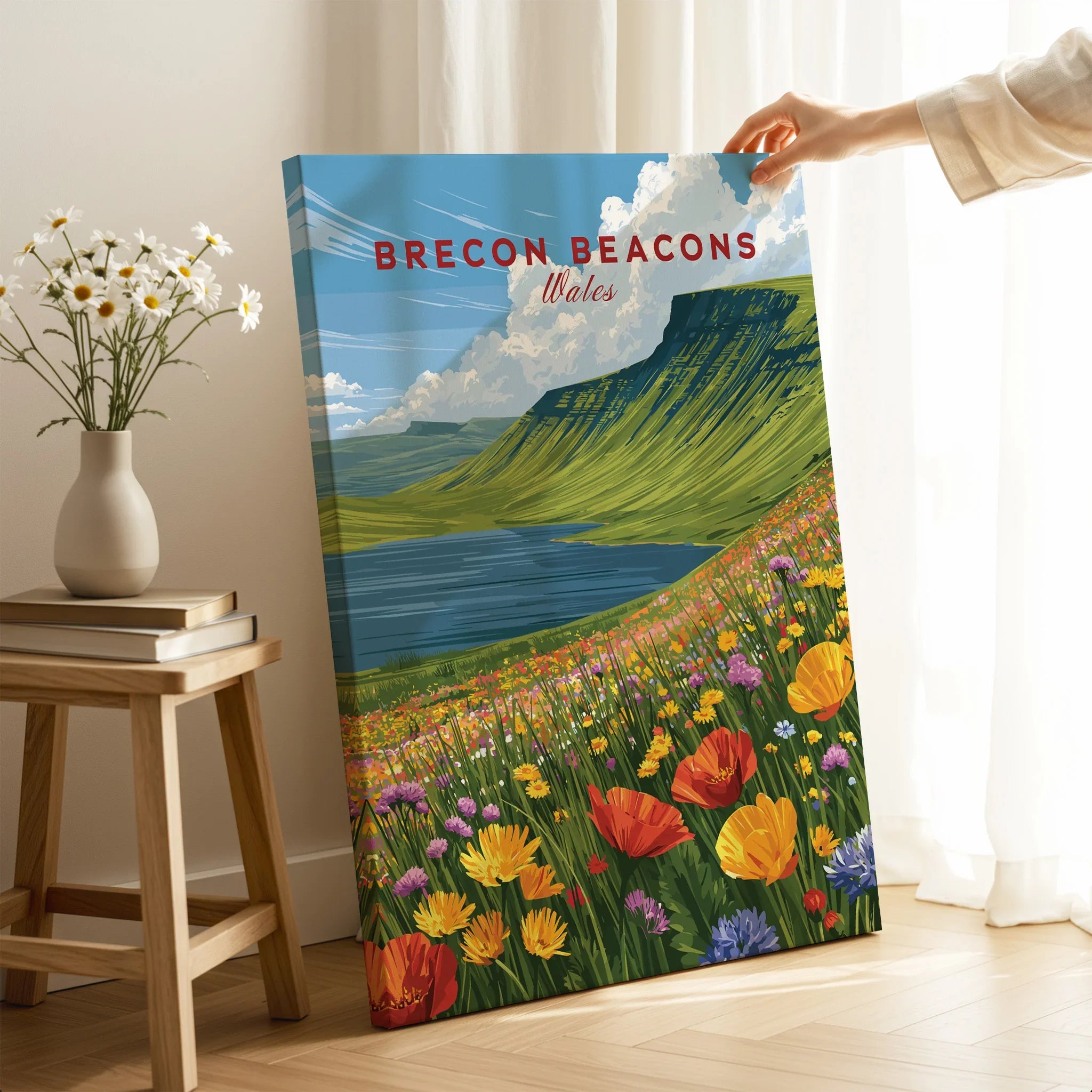 Brecon Beacons Wales Mountain Lake Travel Poster — canvas print mirror edge hand holding room setting